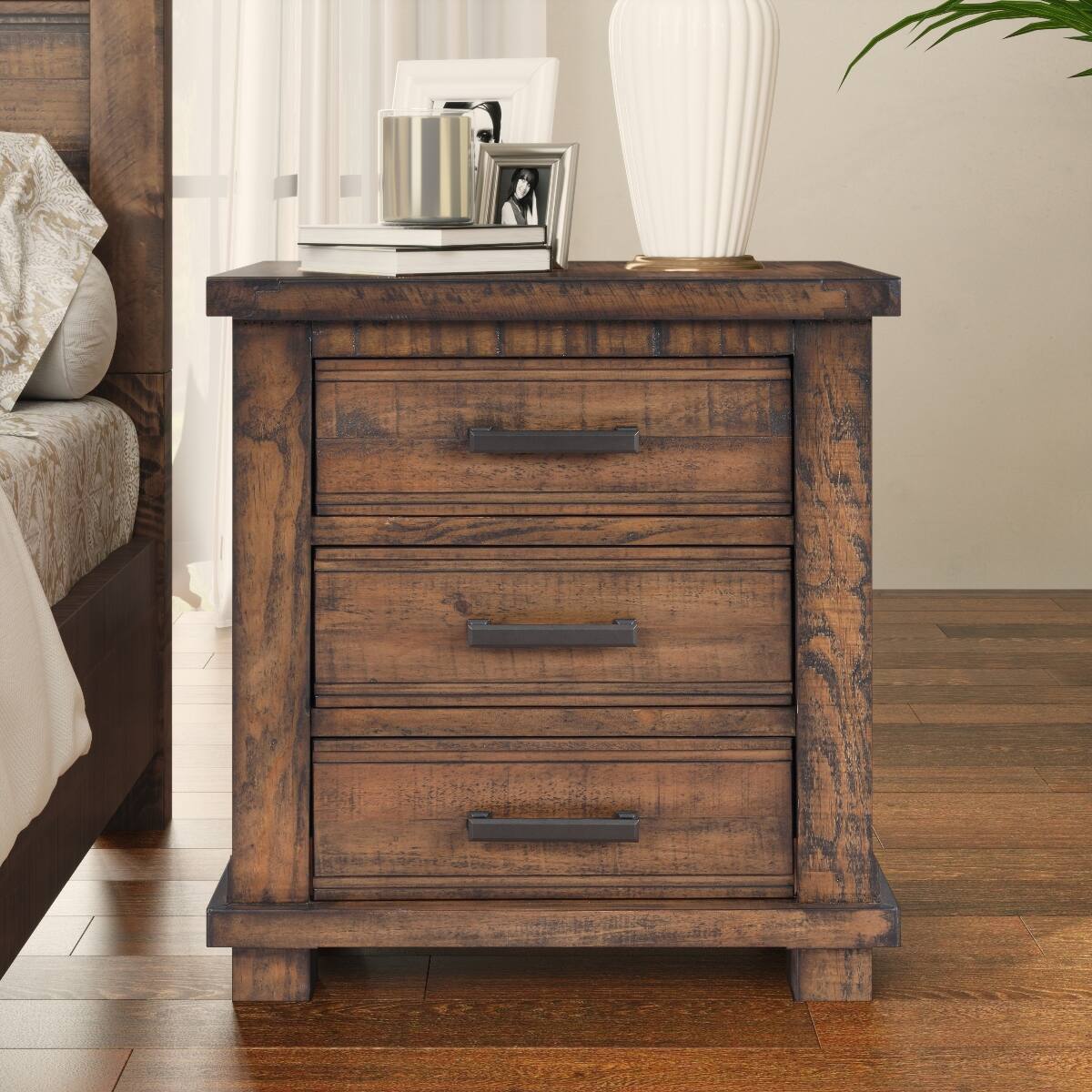 Back. Loheer - Loheer Three Drawer Nightstand Reclaimed Pine Wood Farmhouse Bedside Table - Natural.
