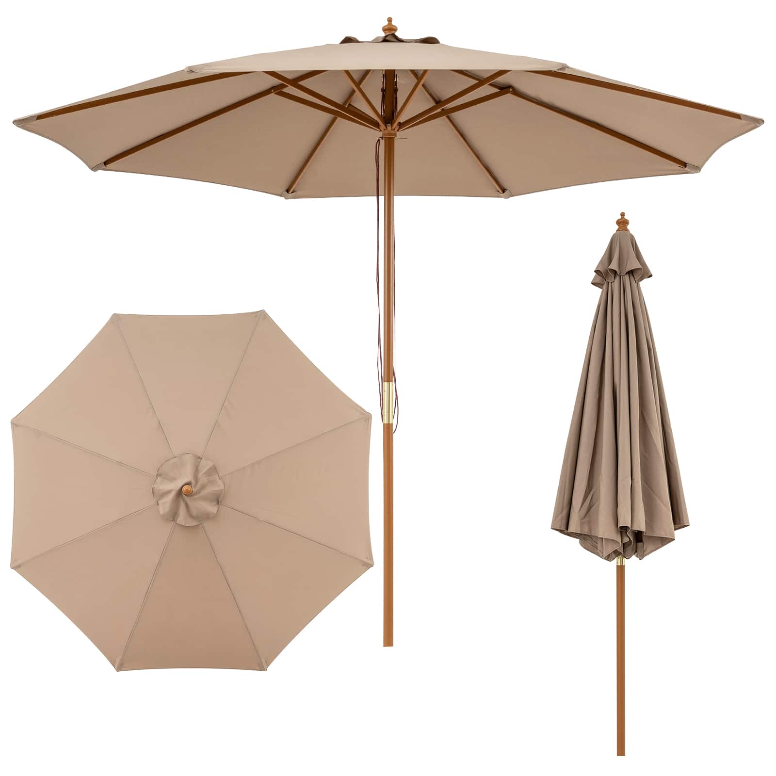 Gymax - 9 FT Patio Umbrella w/Adjustable Height Rope Pulley Lift Vented Top for Beach - Brown