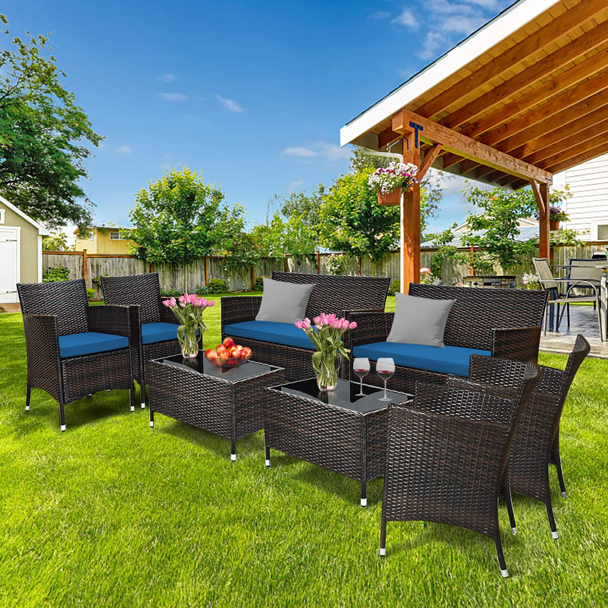 Gymax - 8PCS Patio Rattan Conversation Furniture Set Outdoor w/ Cushion - Peacock Blue price history on PriceWatchPro