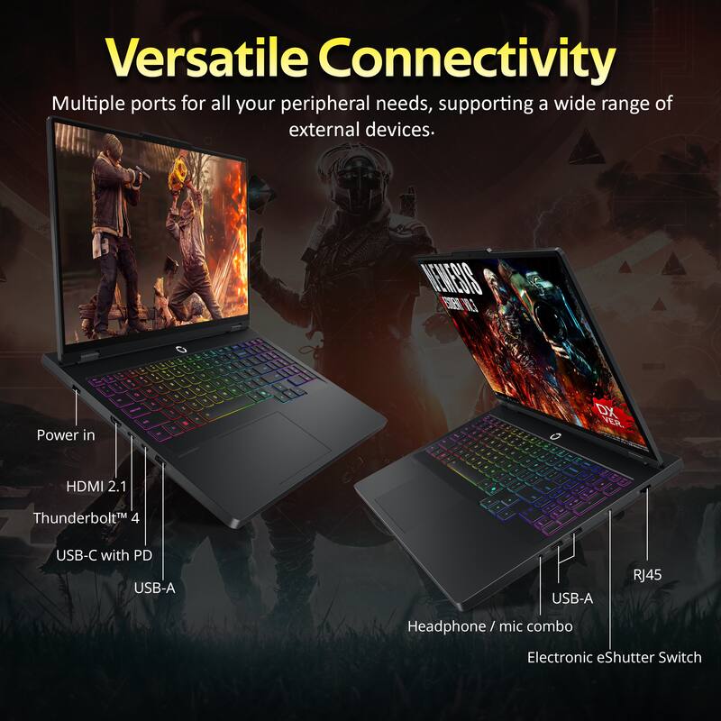 Versatile Connectivity  
Multiple ports for all your peripheral needs, supporting a wide range of external devices.  

- Power in  
- HDMI 2.1  
- Thunderbolt™ 4  
- USB-C with PD  
- USB-A  
- RJ45  
- Headphone / mic combo  
- Electronic eShutter Switch