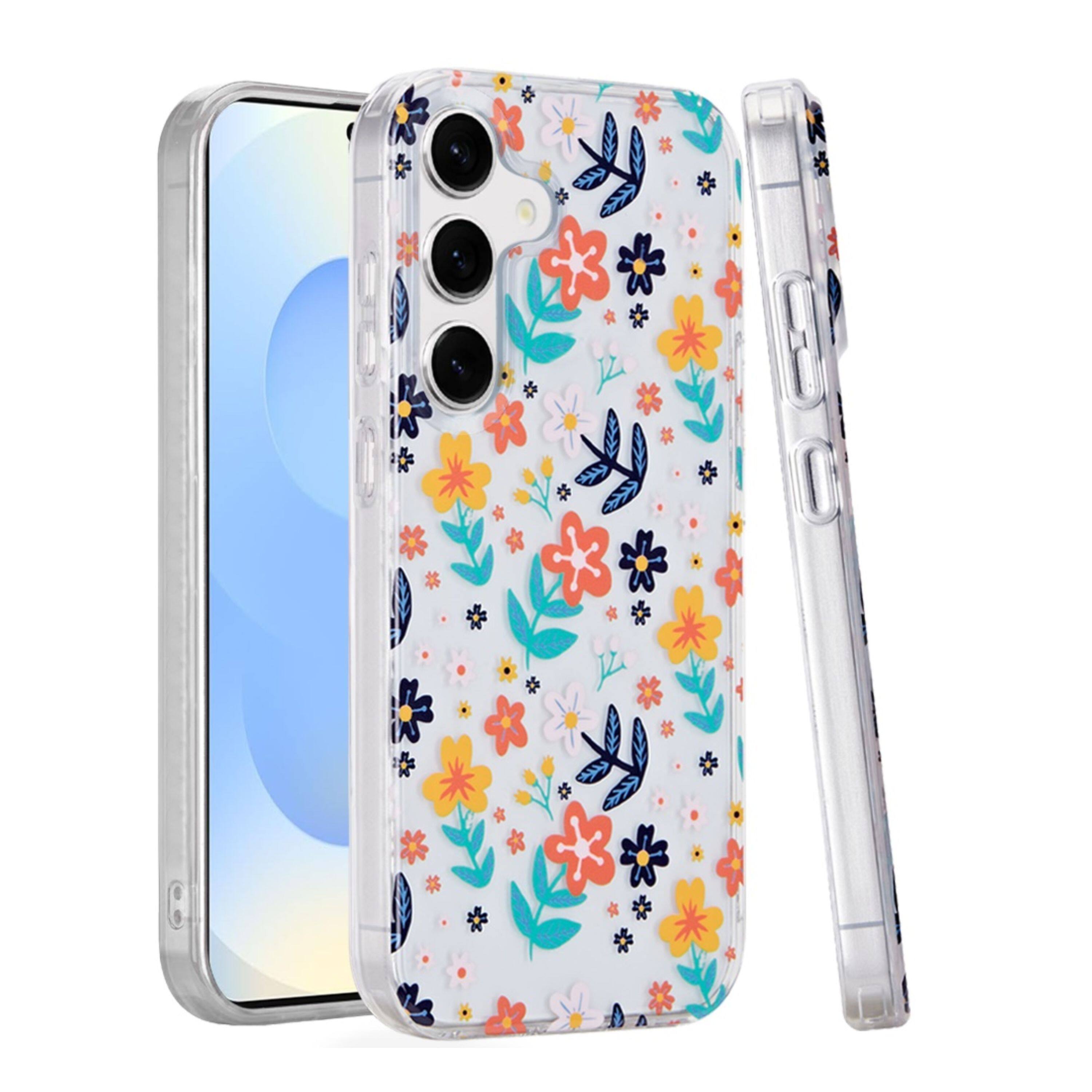 Angle. Kitcheniva - Layer In Mold Design TPU Case With Tempered Glass For Samsung S25/S24 Colorful Floral - Colorful Floral.
