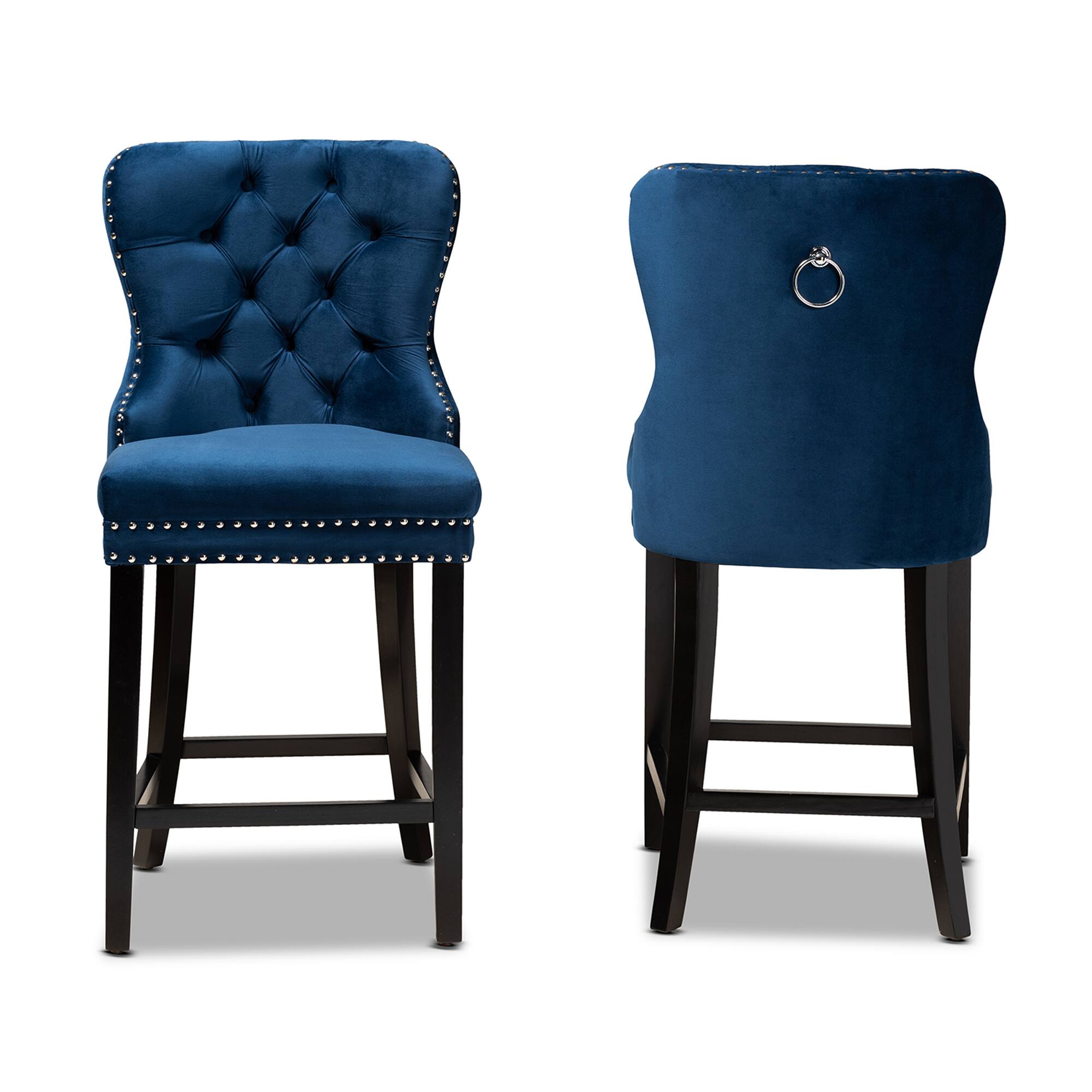 Angle. Baxton Studio - Howell Modern Transitional Velvet Upholstered and Finished Wood 2-Piece Counter Stool Set - Navy blue/espresso brown.