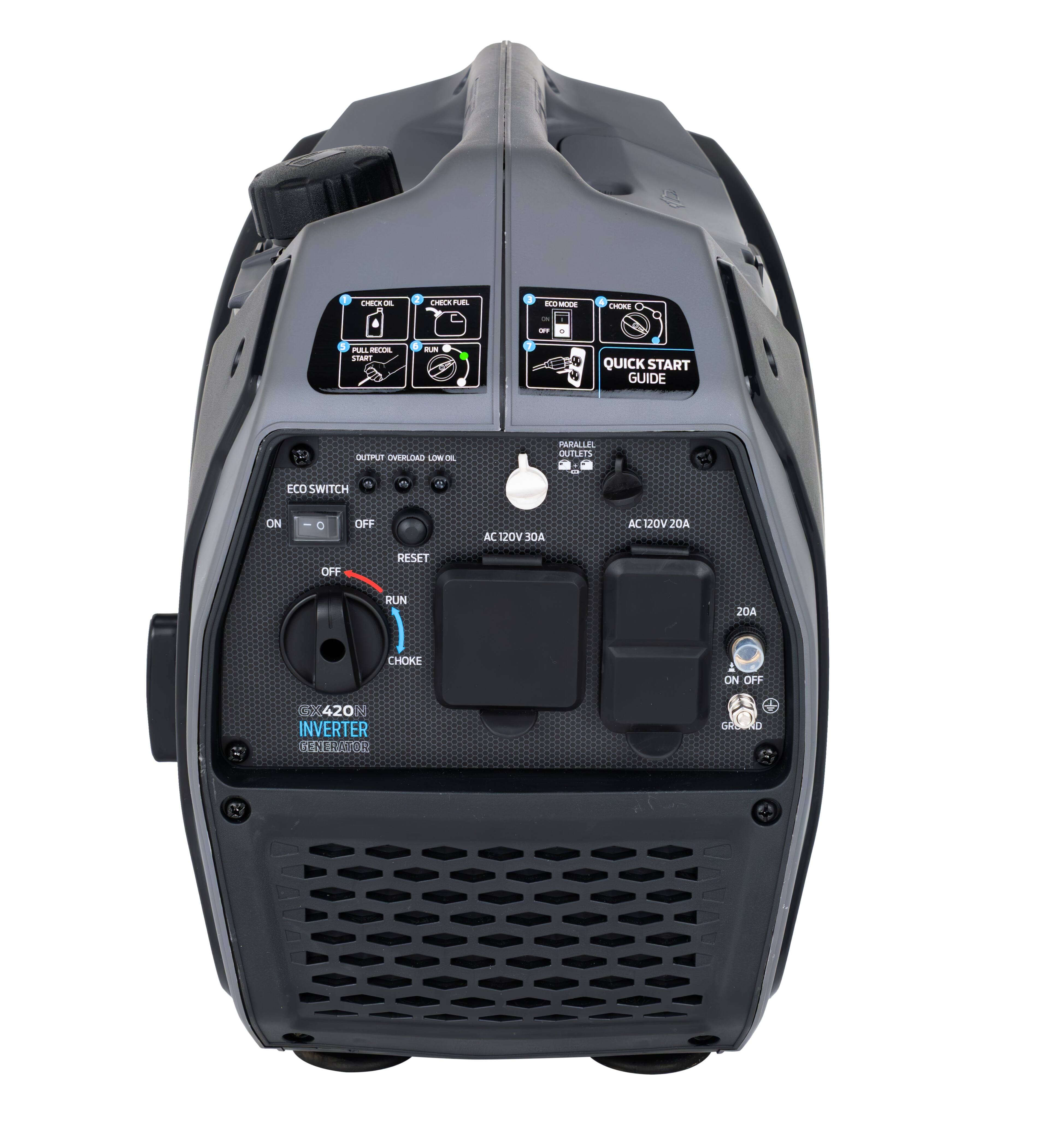 - OHELE Adda - d - LEME - PAL - STAURT  
- QUICK START GUIDE  
- OUTPUT OHERLDAD LOWON  
- PARALLEL OUTLETS  
- ECO SWITCH ON OFF  
- AC 120V  
- AC 120V 20A  
- AC MOV 20A  
- OFF RESET RUN  
- ZOA CHOKE ON OFF  
- C50 420  
- 3 INVERTER TN 12  
- adida COCDEO  

- KO MORE  
- CHECK OIL  
- CHECK FUEL  
- PULL RIBBON START  
- RUN  
- QUICK START GUIDE  
- PARALLEL OUTLETS  
- AC 120V 30A  
- AC 120V 20A  
- ECO SWITCH ON OFF  
- RESET  
- RUN  
- CHOKE  
- C6X420 INVERTER GENERATOR