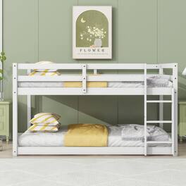 GOODSILO - Solid Wood Twin Over Twin Floor Bunk Bed with Ladder and Strengthened Slats for Enhanced Stability - White