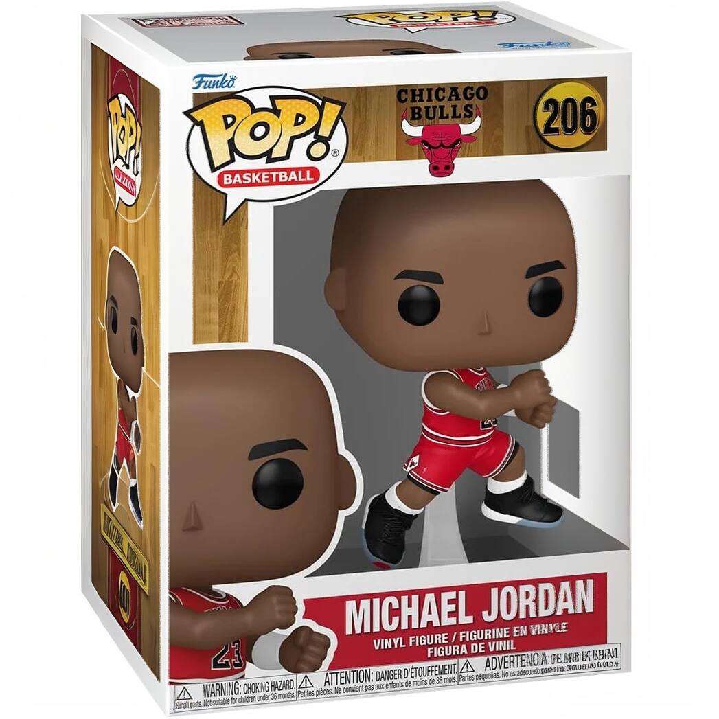 Sure, here is the corrected and grouped text from the image:

---

**Funko POP! BASKETBALL**

**CHICAGO BULLS**

**206**

**MICHAEL JORDAN**

**VINYL FIGURE / FIGURINE EN VINYLE / FIGURA DE VINIL**

**WARNING: CHOKING HAZARD**  
Small parts. Not suitable for children under 3 years.  
**ADVERTENCIA: PELIGRO DE AHOGAMIENTO**  
Piezas pequeñas. No es adecuado para niños menores de 3 años.  
**ATTENTION: DANGER D'ÉTOUFFEMENT**  
Petites pièces. Ne convient pas aux enfants de moins de 3 ans.

---

This text is organized to reflect the information on the packaging.