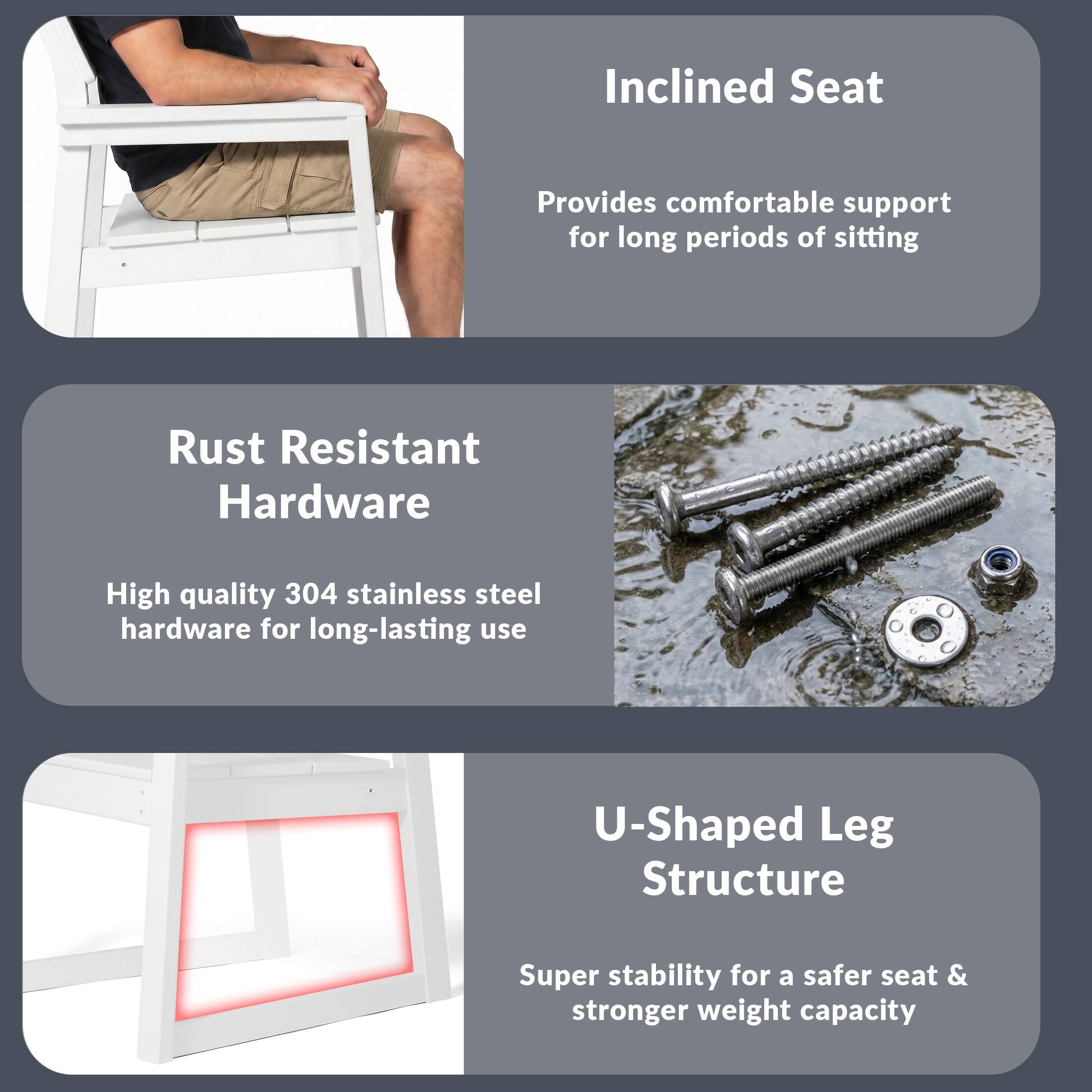 Inclined Seat  
Provides comfortable support for long periods of sitting  

Rust Resistant Hardware  
High quality 304 stainless steel hardware for long-lasting use  

U-Shaped Leg Structure  
Super stability for a safer seat & stronger weight capacity