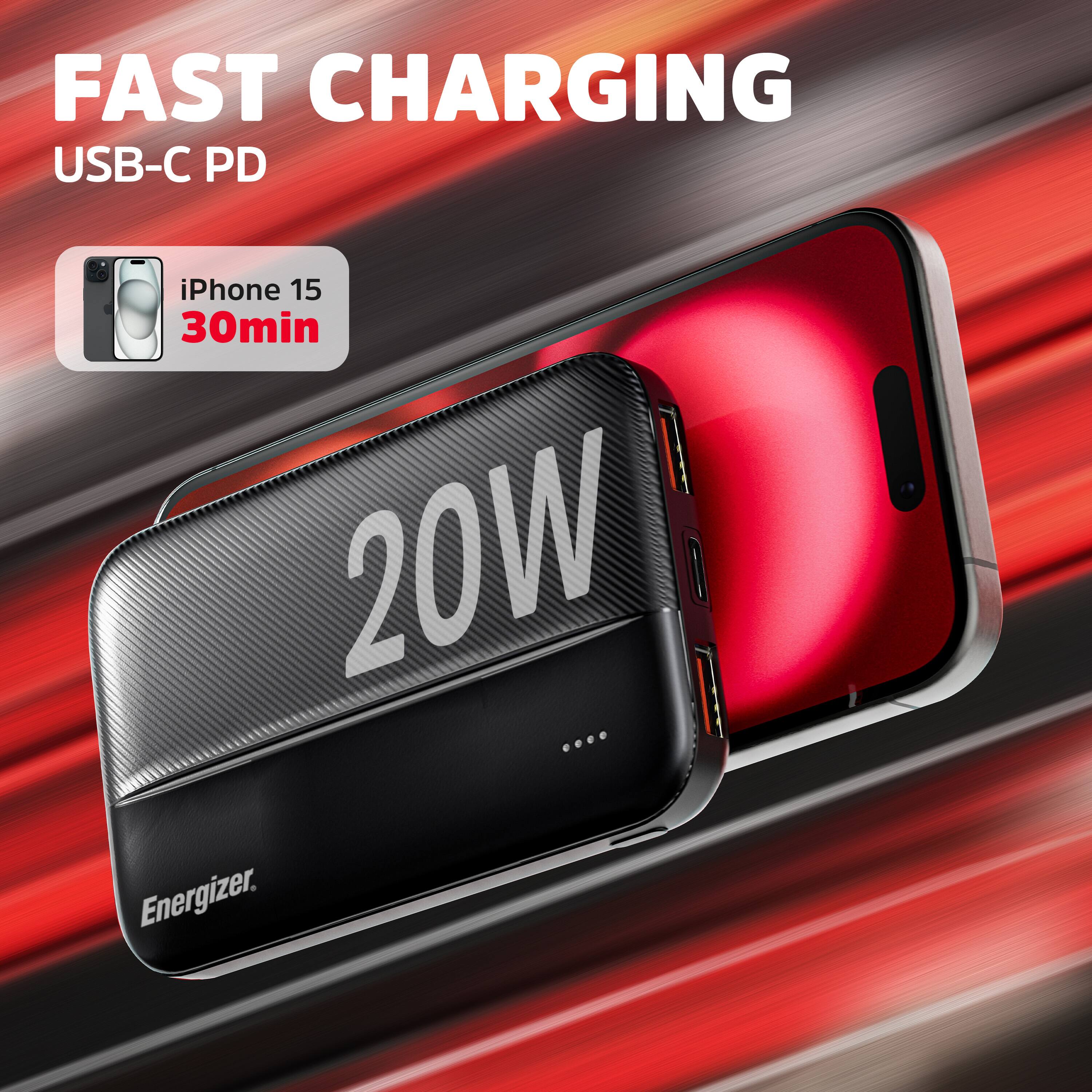 FAST CHARGING  
USB-C PD  

iPhone 15  
30min  

20W  

Energizer.