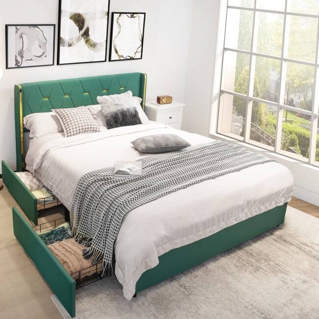Back. Hivvago - Hivvago Full Size Linen Headboard 4 Drawer Storage Platform Bed - Green/Gold.