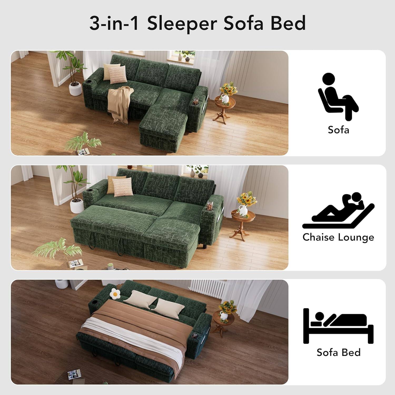 3-in-1 Sleeper Sofa Bed

- Sofa
- Chaise Lounge
- Sofa Bed