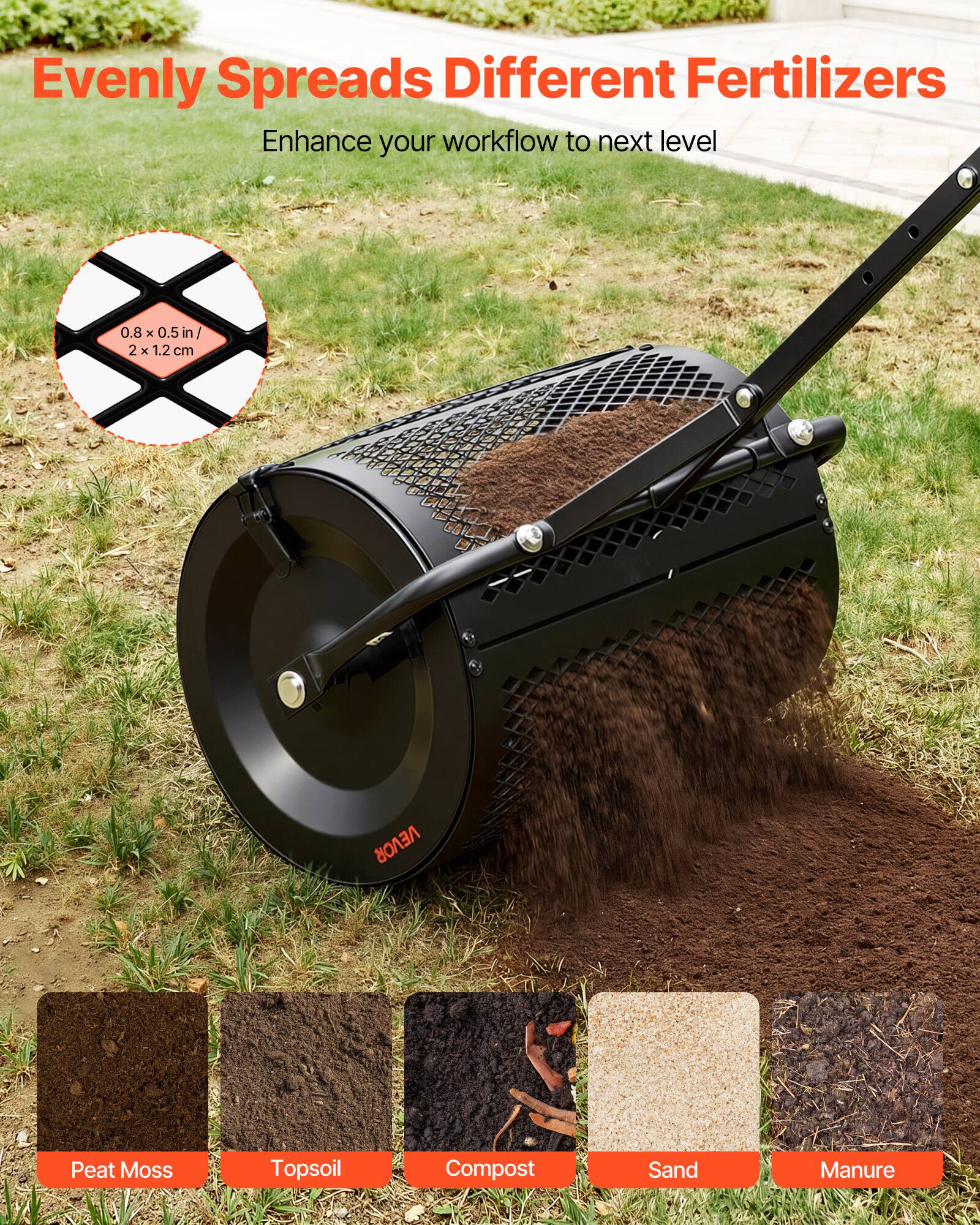 Evenly Spreads Different Fertilizers  
Enhance your workflow to next level  
0.8 x 0.5 in / 2 x 1.2 cm  
VEVOR  
Peat Moss  
Topsoil  
Compost  
Sand  
Manure