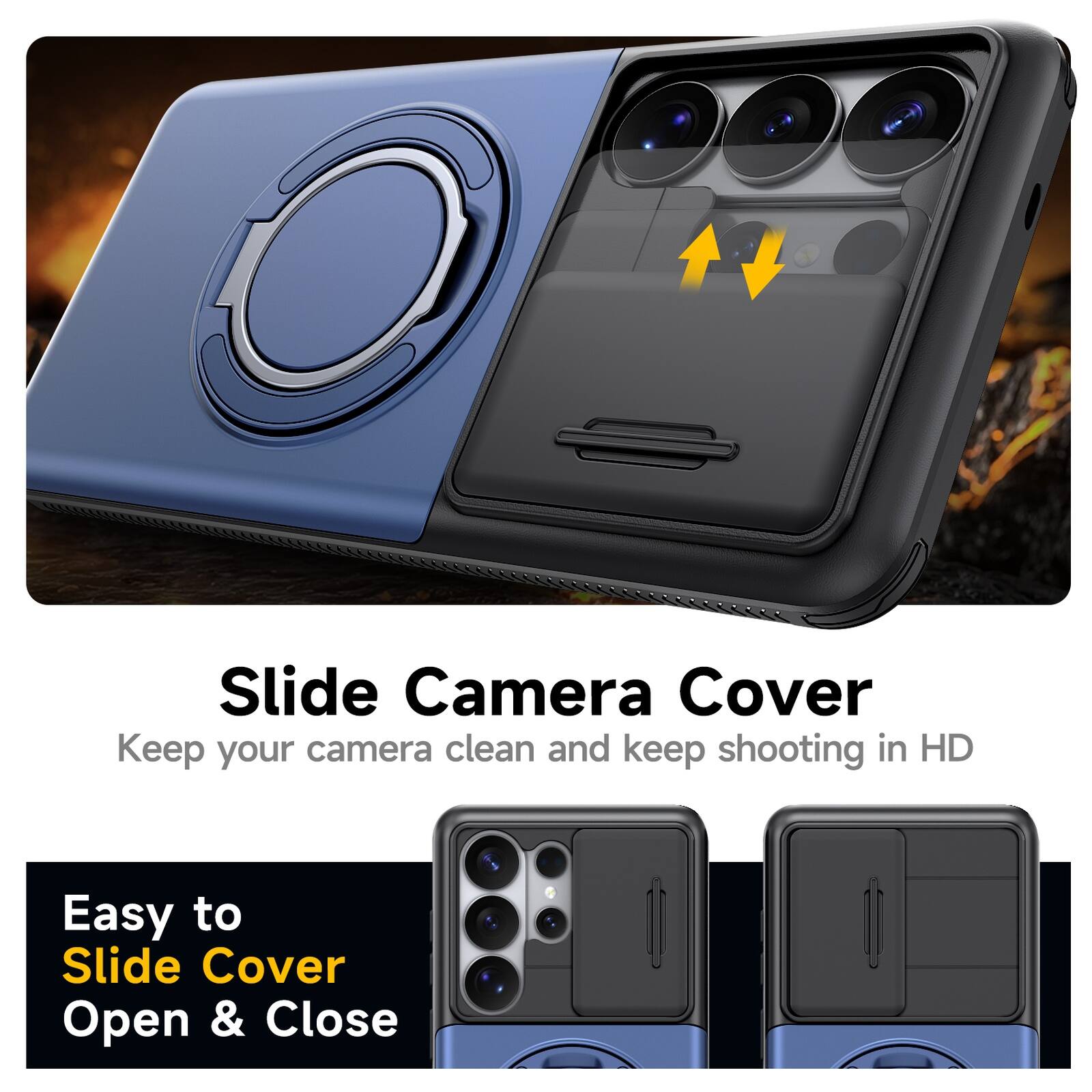 Slide Camera Cover  
Keep your camera clean and keep shooting in HD  
Easy to Slide Cover Open & Close