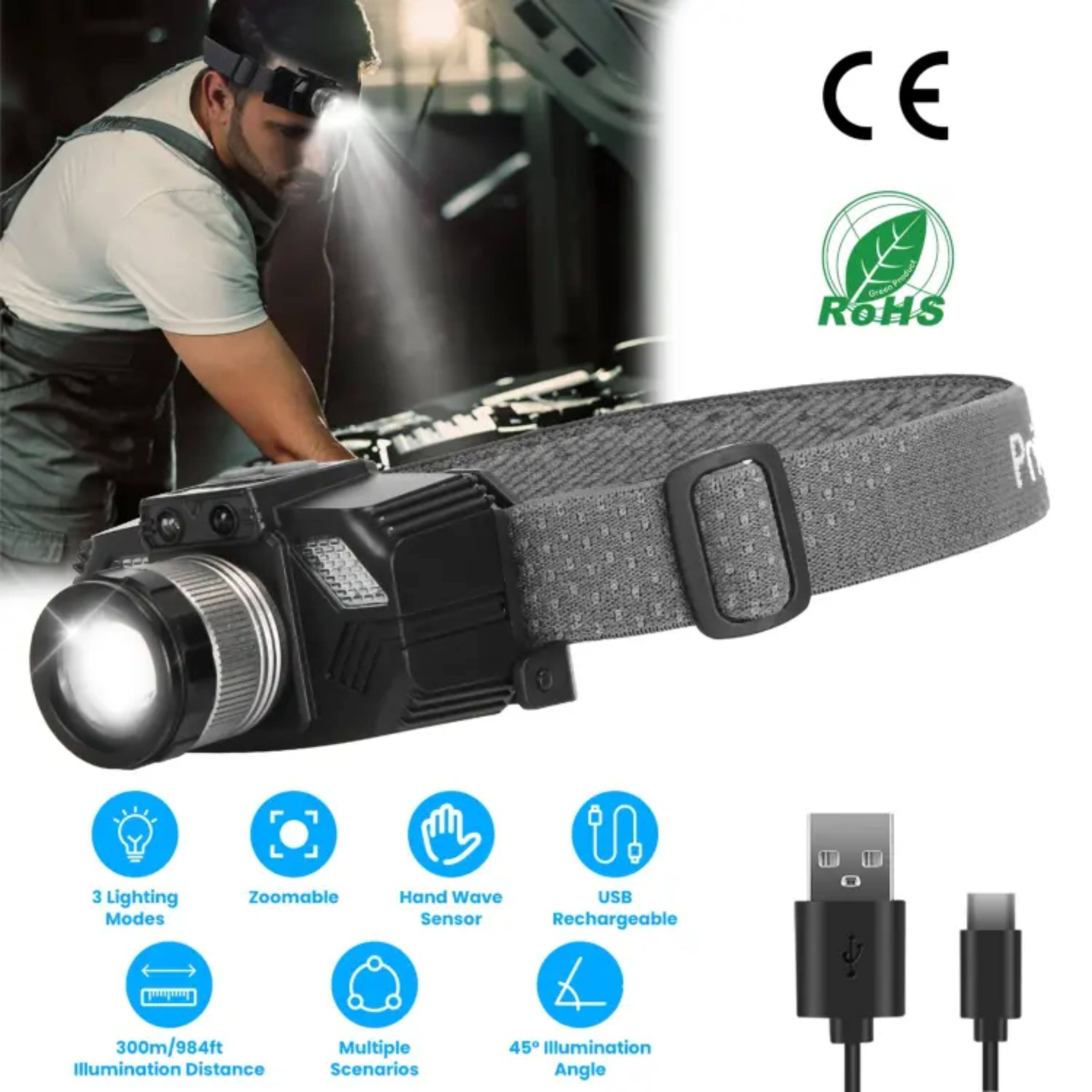 CE ROHS

- 3 Lighting Modes
- Zoomable
- Hand Wave Sensor
- USB Rechargeable
- 300m/984ft Illumination Distance
- Multiple Scenarios
- 45° Illumination Angle