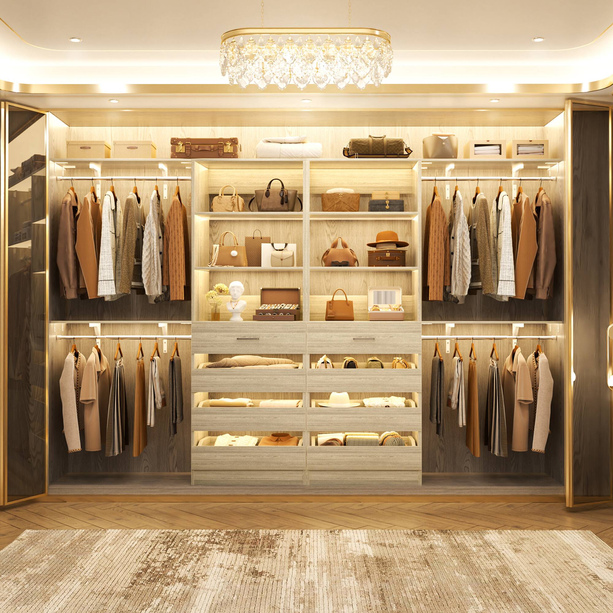 Back. Aheaplus - 7-12FT Custom Wood Closet Organizer with 8 Drawers & 4 Adjustable Hanging Rods, Holds 1000+ Lbs - White Oak.