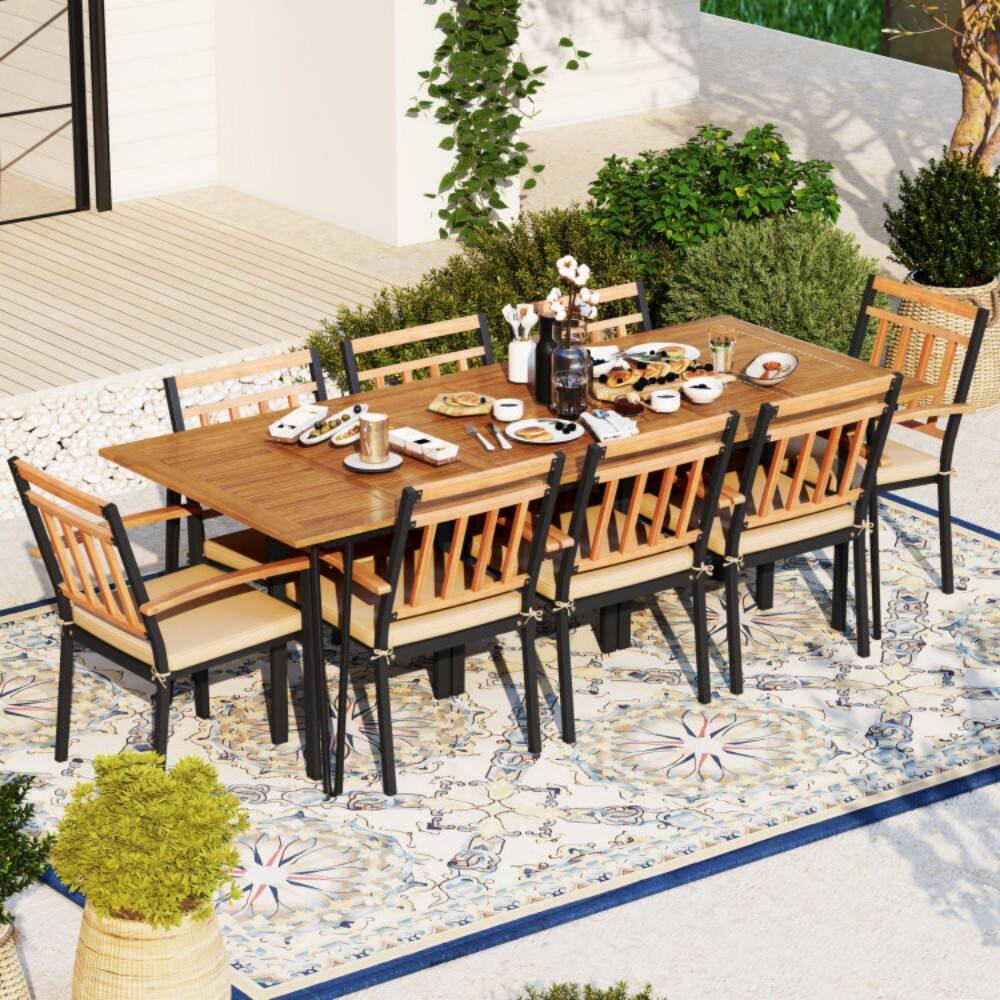 Back. Mondawe - 9 Pieces Patio Dining Outdoor Furniture Set with 8 Chairs and Umbrella Hole - Acacia Wood, Metal.