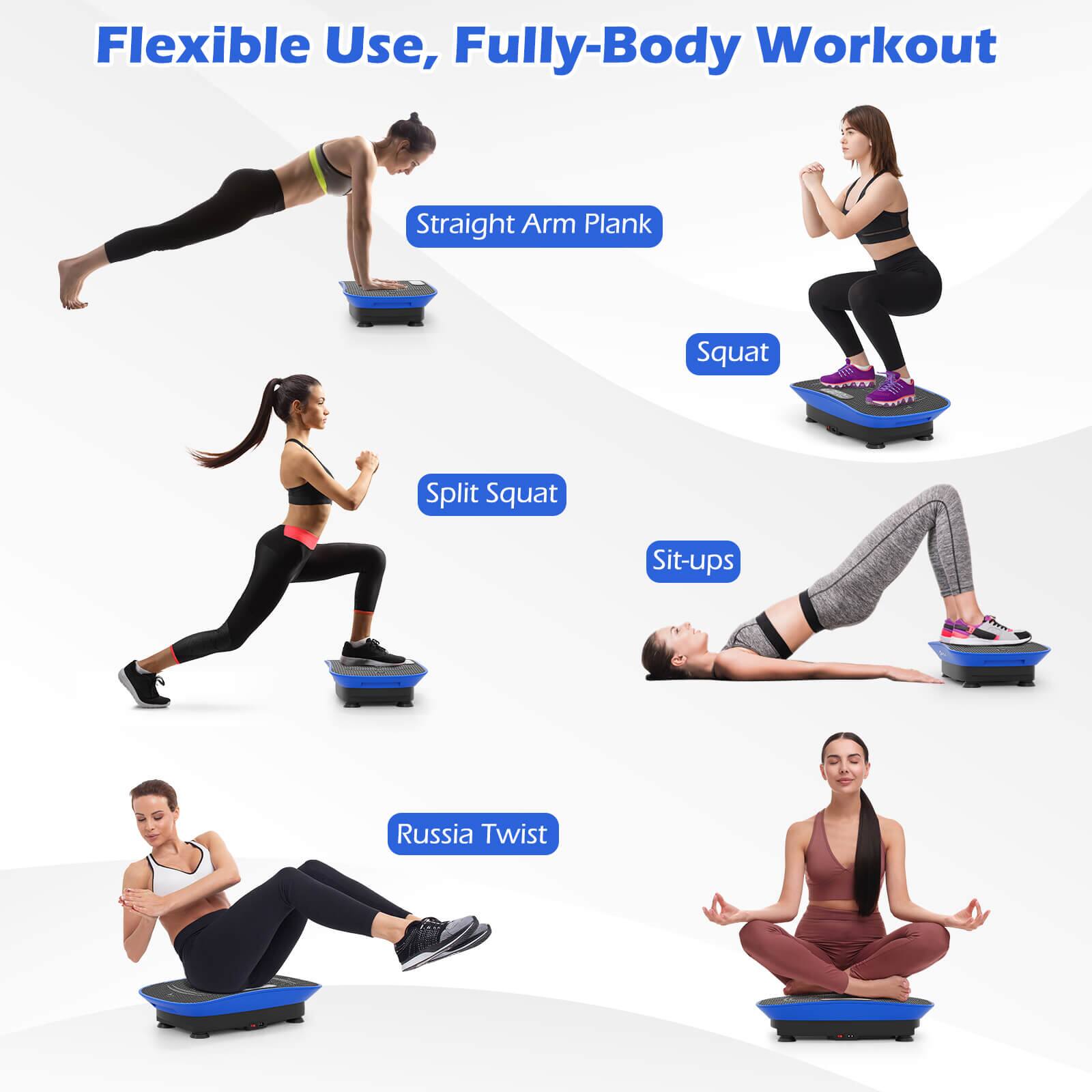 Flexible Use, Fully-Body Workout

- Straight Arm Plank
- Squat
- Split Squat
- Sit-ups
- Russia Twist