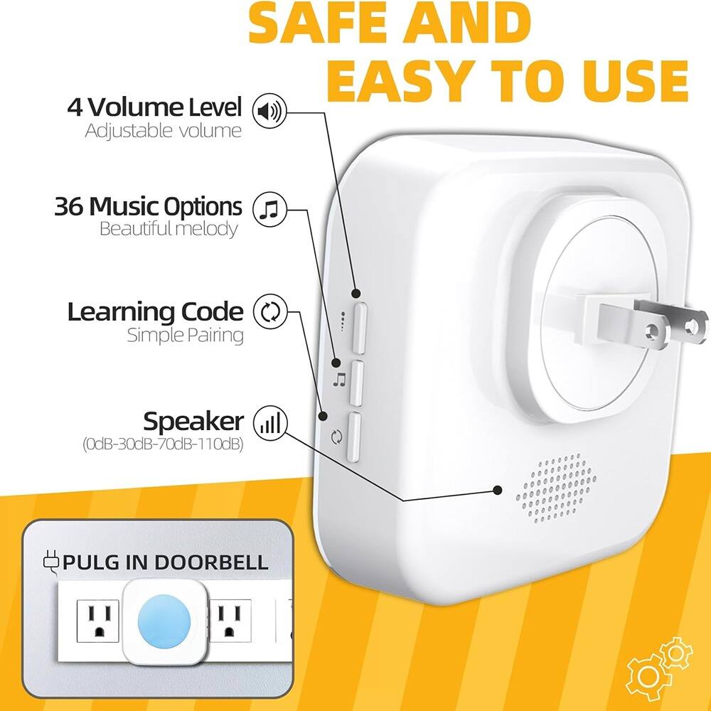 SAFE AND EASY TO USE

4 Volume Level  
Adjustable volume

36 Music Options  
Beautiful melody

Learning Code  
Simple Pairing

Speaker  
(0dB-30dB-70dB-110dB)

PULG IN DOORBELL