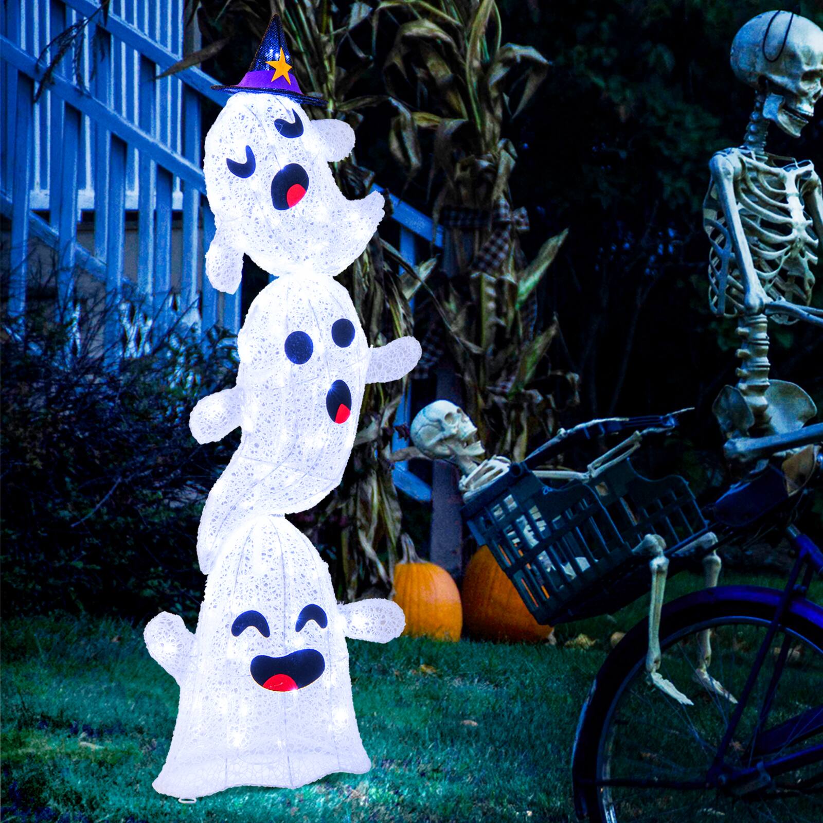 Alt View 15. Costway - 4 FT Lighted Stacked Ghosts Standing Halloween Decoration with 120 LED Lights and 4 Metal Ground Stakes - White.