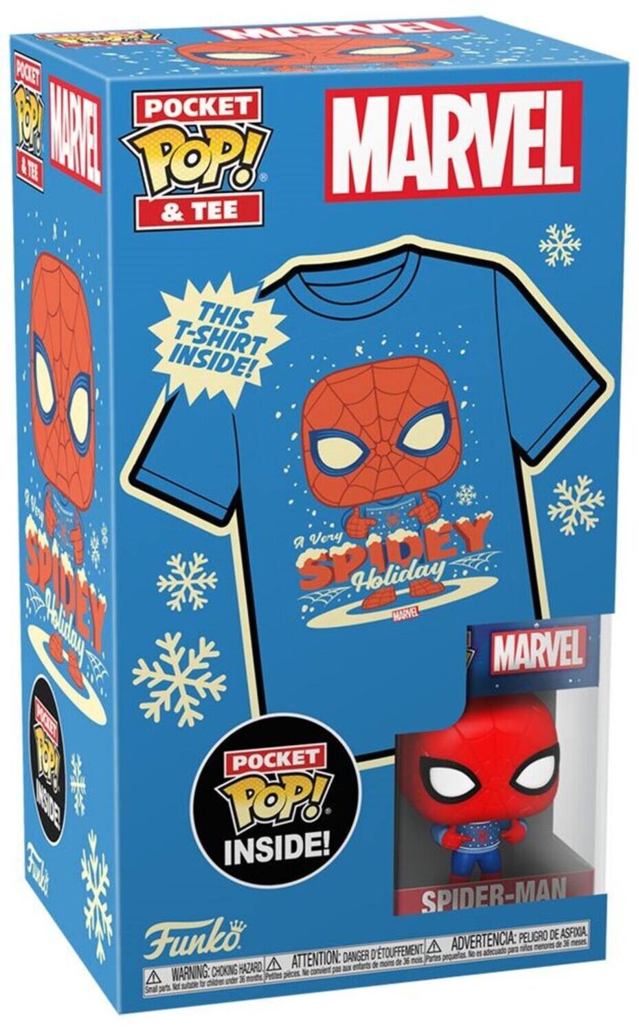 MARVEL & TEE, POCKET POP! & TEE, THIS T-SHIRT INSIDE!, Very F PEY SPIDEY Holiday, MARVEL, POCKET POP! INSIDE!, SPIDER-MAN, Funko, PELIGRO DE ASFIGA D'TOUFFEMENT, ADVERTENCIA: peligro de asfixia, DANGER D'TOUFFEMENT, ATTENTION: peligro de asfixia, WARNING: choking hazard, CHOKING HAZARD, Ne pas utiliser pour enfants de moins de 36 mois, Parties pelittes, Ne pas utiliser pour enfants de moins de 36 mois.