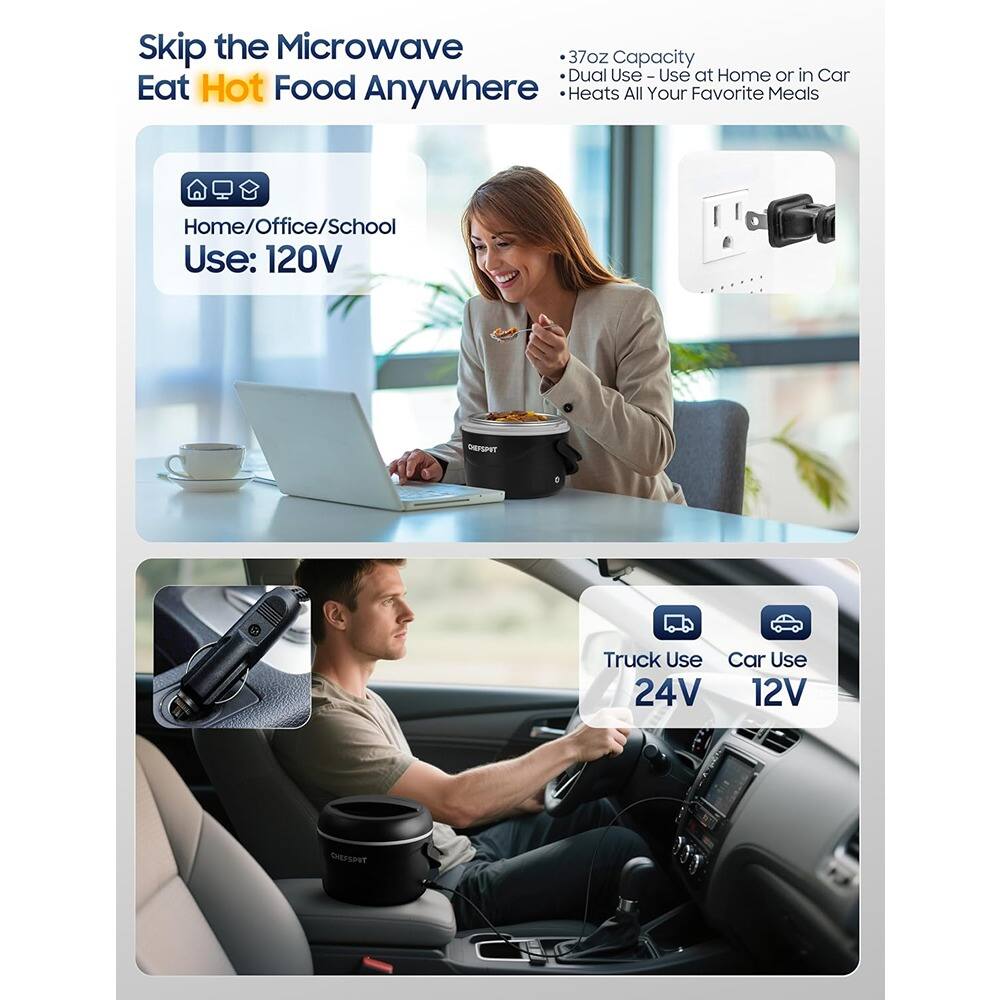 Skip the Microwave  
Eat Hot Food Anywhere  

- 37oz Capacity  
- Dual Use - Use at Home or in Car  
- Heats All Your Favorite Meals  

Home/Office/School Use: 120V  

Truck Use: 24V  
Car Use: 12V