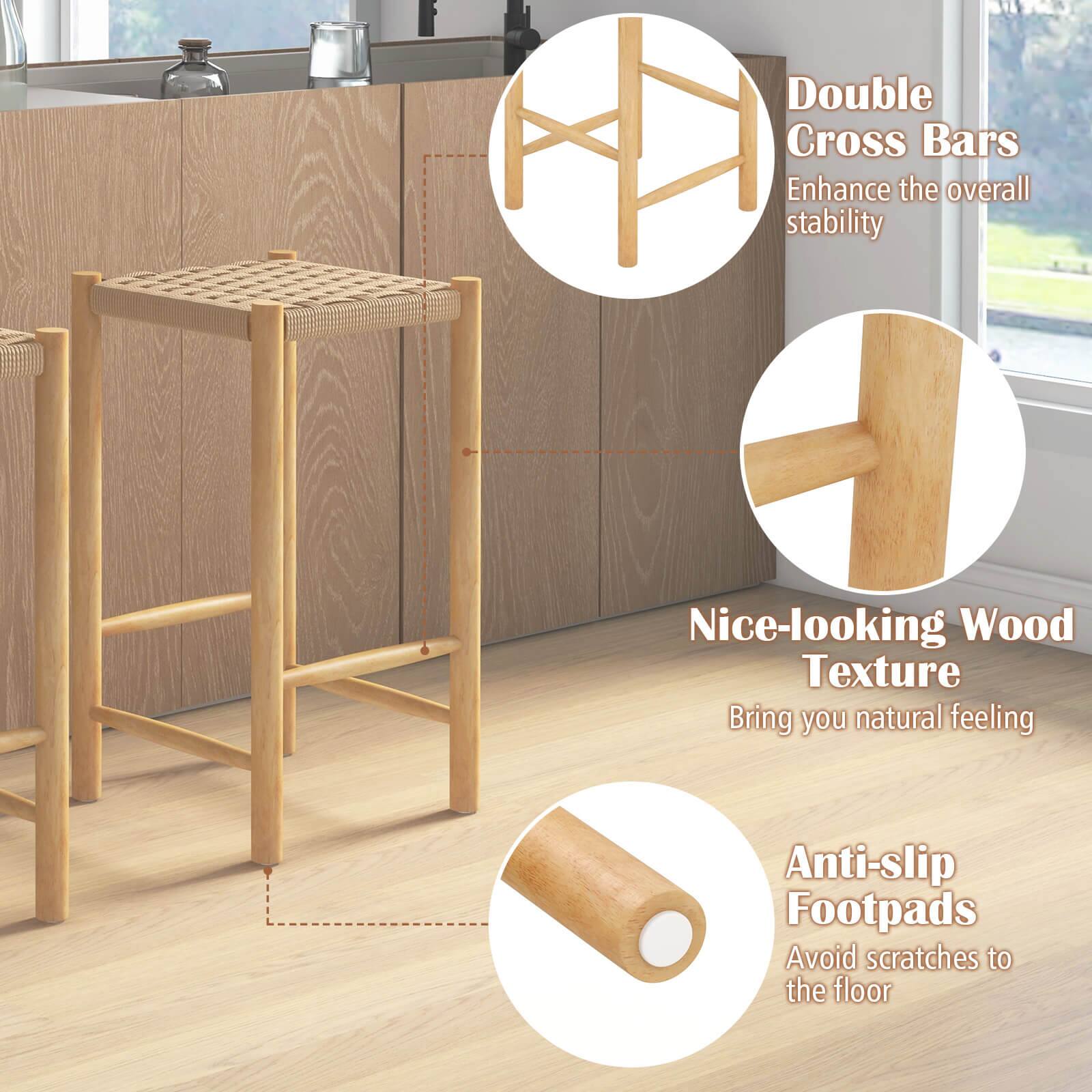 The text on the image is grouped and corrected as follows:

1. Double Cross Bars: Enhance the overall stability.
2. Nice-looking Wood Texture: Bring you a natural feeling.
3. Anti-slip Footpads: Avoid scratches to the floor.
4. Avoid scratches to the floor: Anti-slip Footpads.