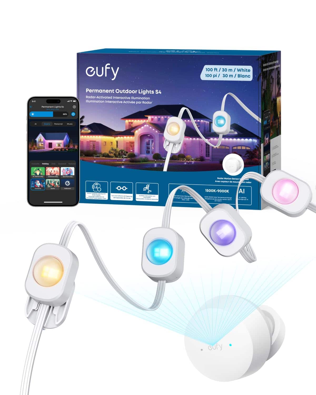eufy - Permanent Outdoor Lights S4, 100ft 72 LEDs, 3D Radar, RGBWW, AI Themes, Music Mode, Matter, IP67, Halloween & Christmas