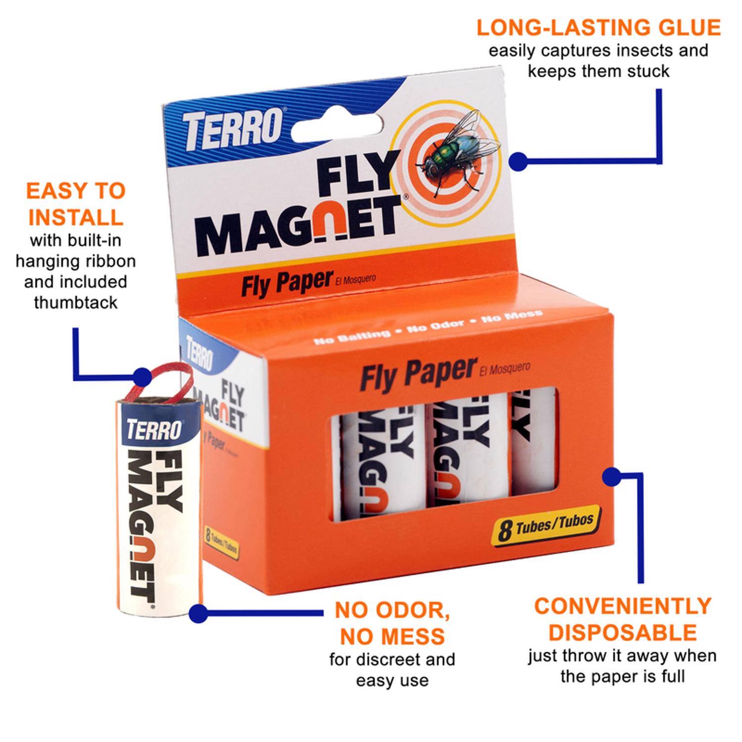 LONG-LASTING GLUE easily captures insects and keeps them stuck

TERRO EASY TO FLY INSTALL MAGNET with built-in hanging ribbon and included Paper Mosquero Fly thumbtack

No Mess No Odor - No Balting

TERRO Paper El Mosquero FLY

MAGNET FLY

8 Tubes/Tubos

NO ODOR, CONVENIENTLY DISPOSABLE

for discreet and just throw it away when the paper is full