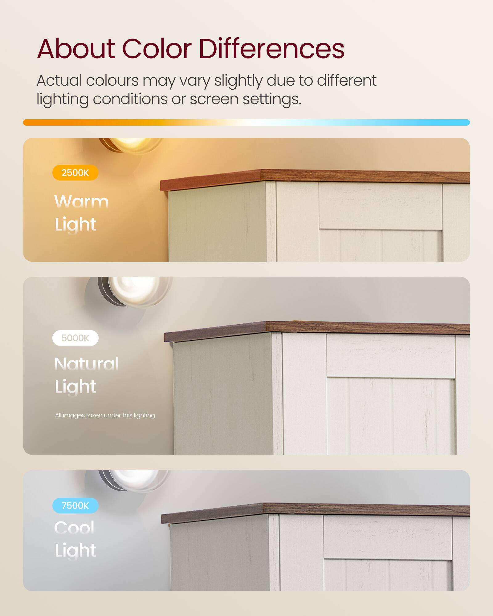 About Color Differences

Actual colours may vary slightly due to different lighting conditions or screen settings.

2500K Warm Light

5000K Natural Light
All images taken under this lighting

7500K Cool Light