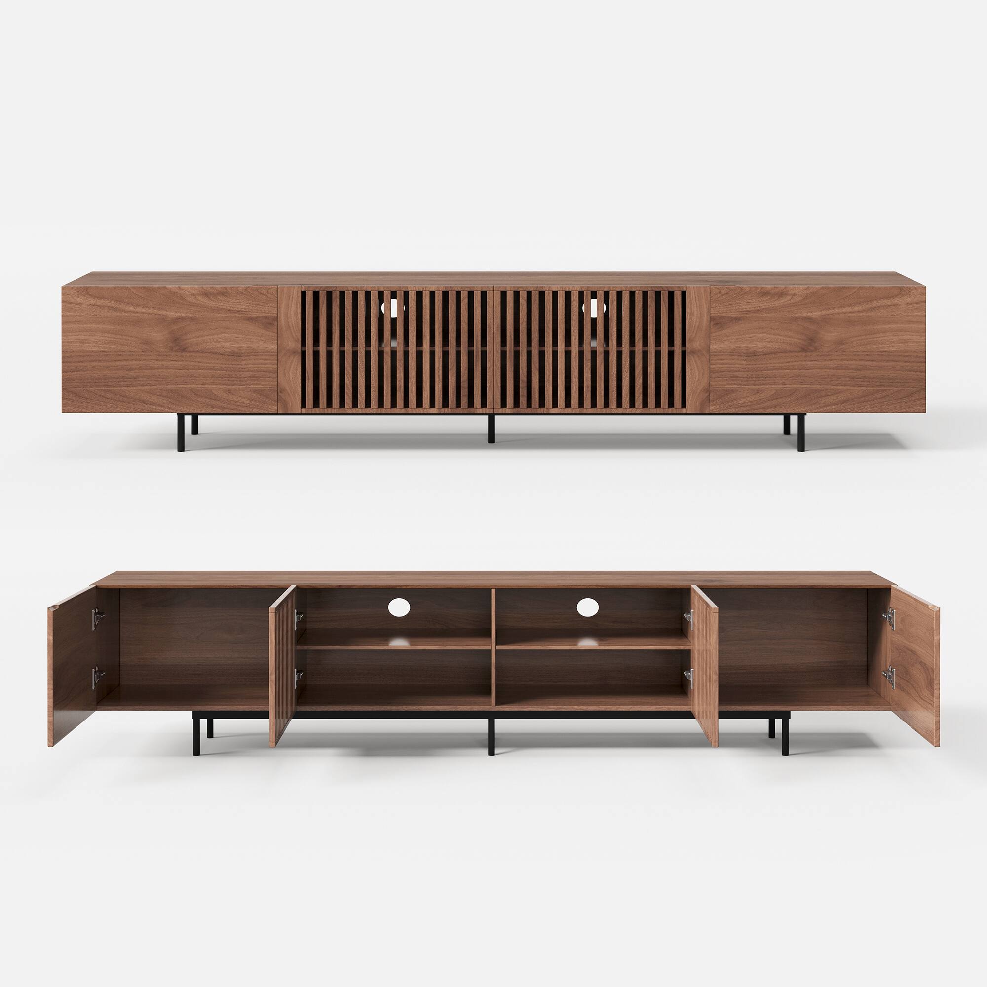 Angle. luck idea - Mid-Century Modern TV Stands 94.48" Consoles,up to100'' Media Centerw/ Cabinets & wood Doors&Metal Frame - Walnut Color.