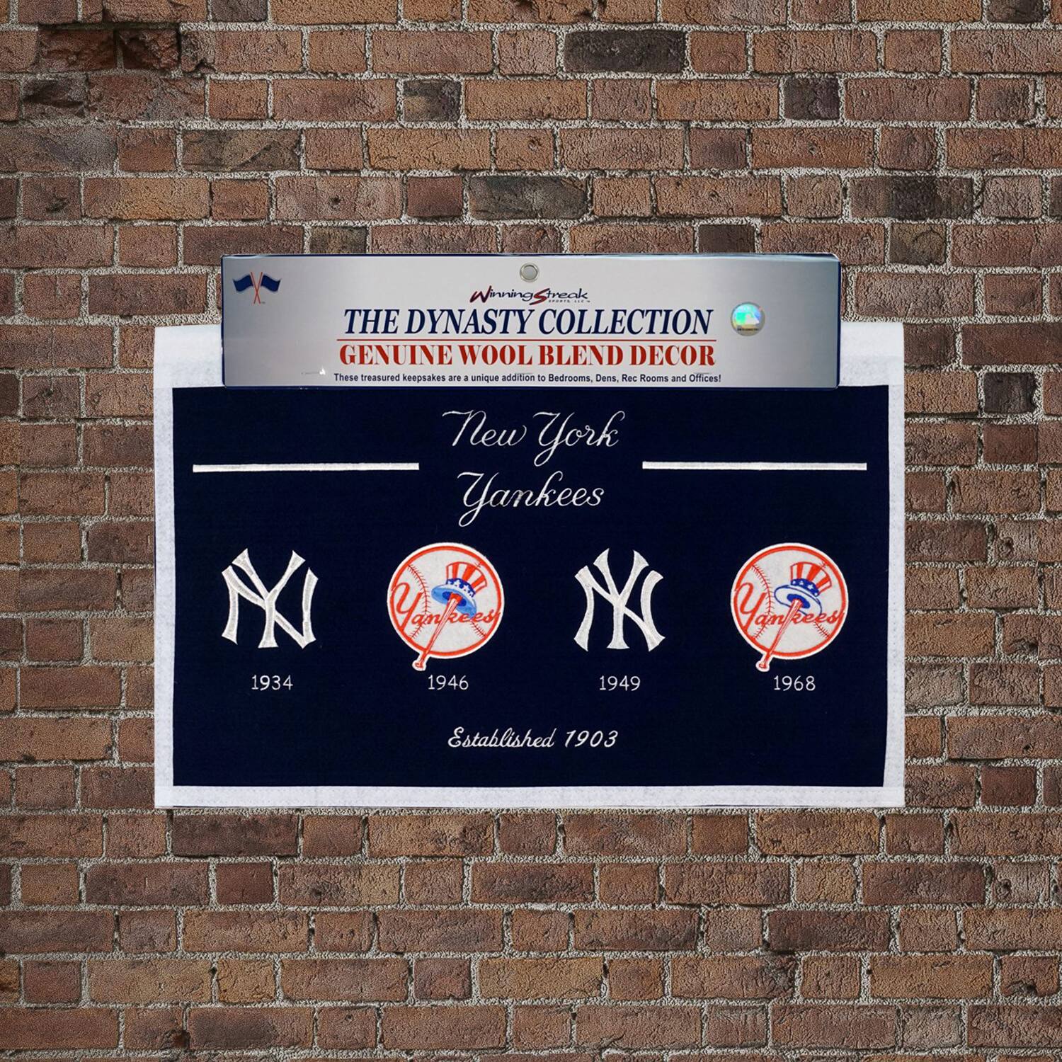 **Winning Sneak Collection**

**The Dynasty Collection**  
Genuine Wool Blend Decor  
These treasured keepsakes are a unique addition to Bedrooms, Dens, Rec Rooms and Offices!

**New York Yankees**  
Established 1903

- 1934
- 1946
- 1949
- 1968