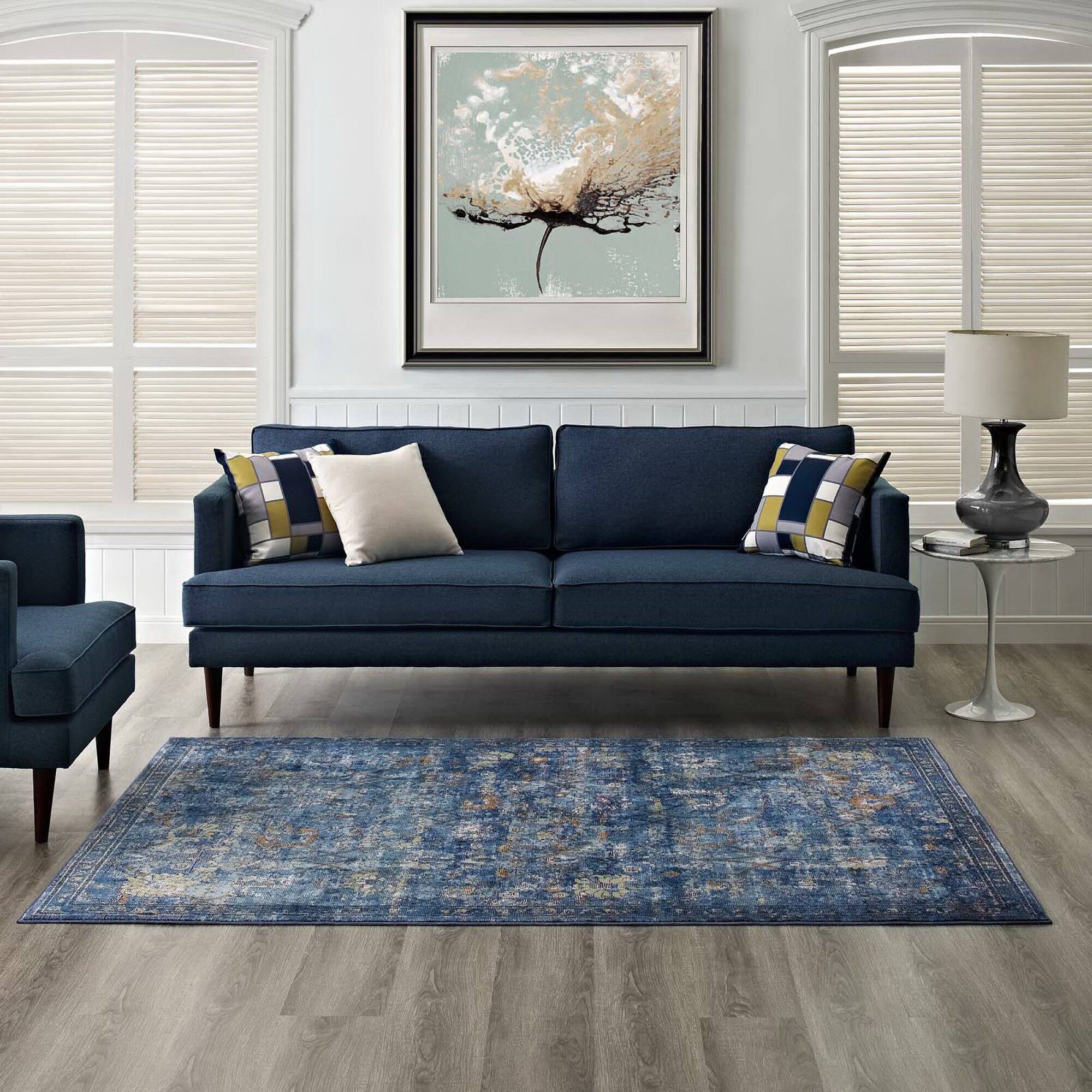 Left. Modway - Minu Distressed Floral Lattice Area Rug - Dark Blue Yellow and Orange.