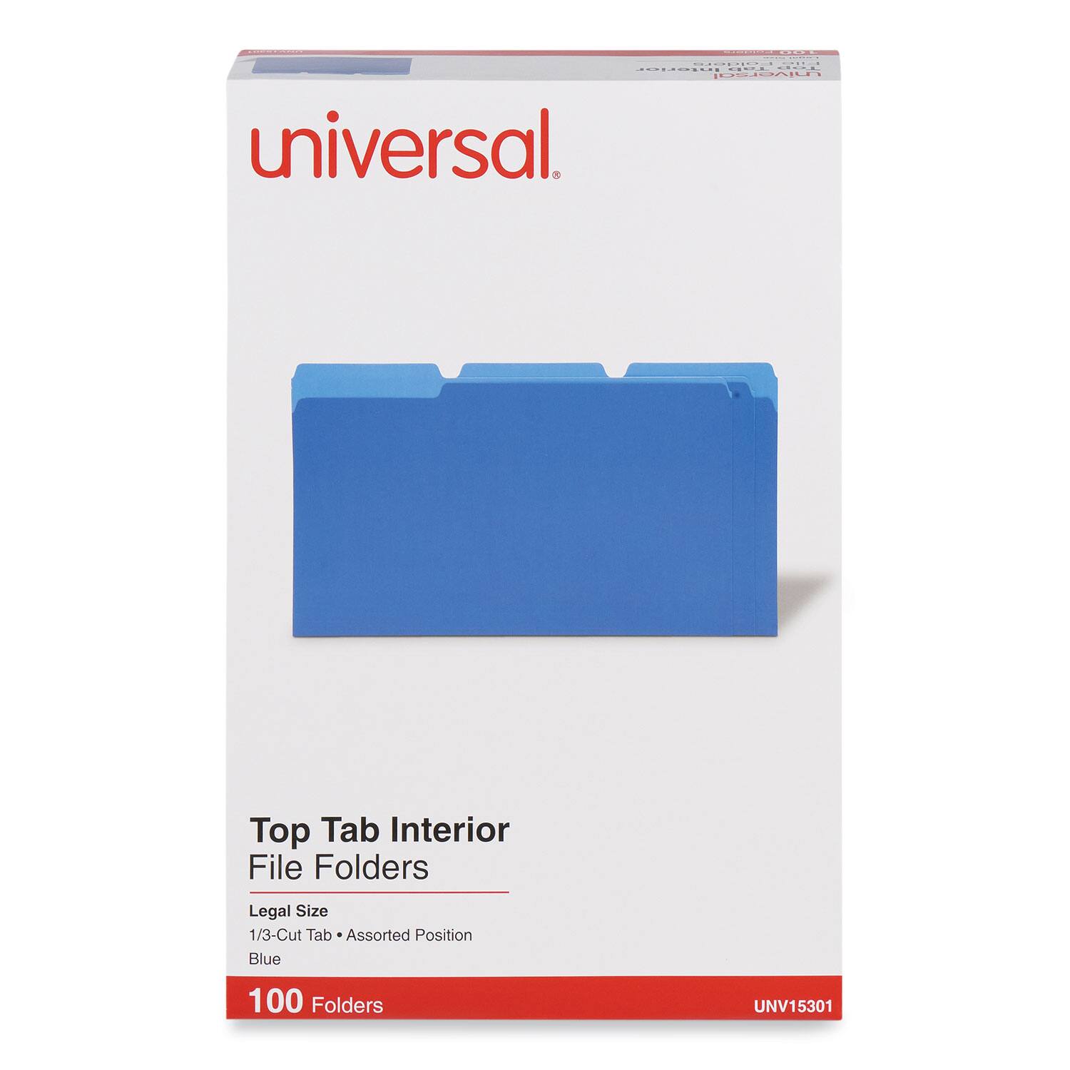 Universal  
Top Tab Interior File Folders  
Legal Size  
1/3-Cut Tab • Assorted Position  
Blue  
100 Folders  
UNV15301