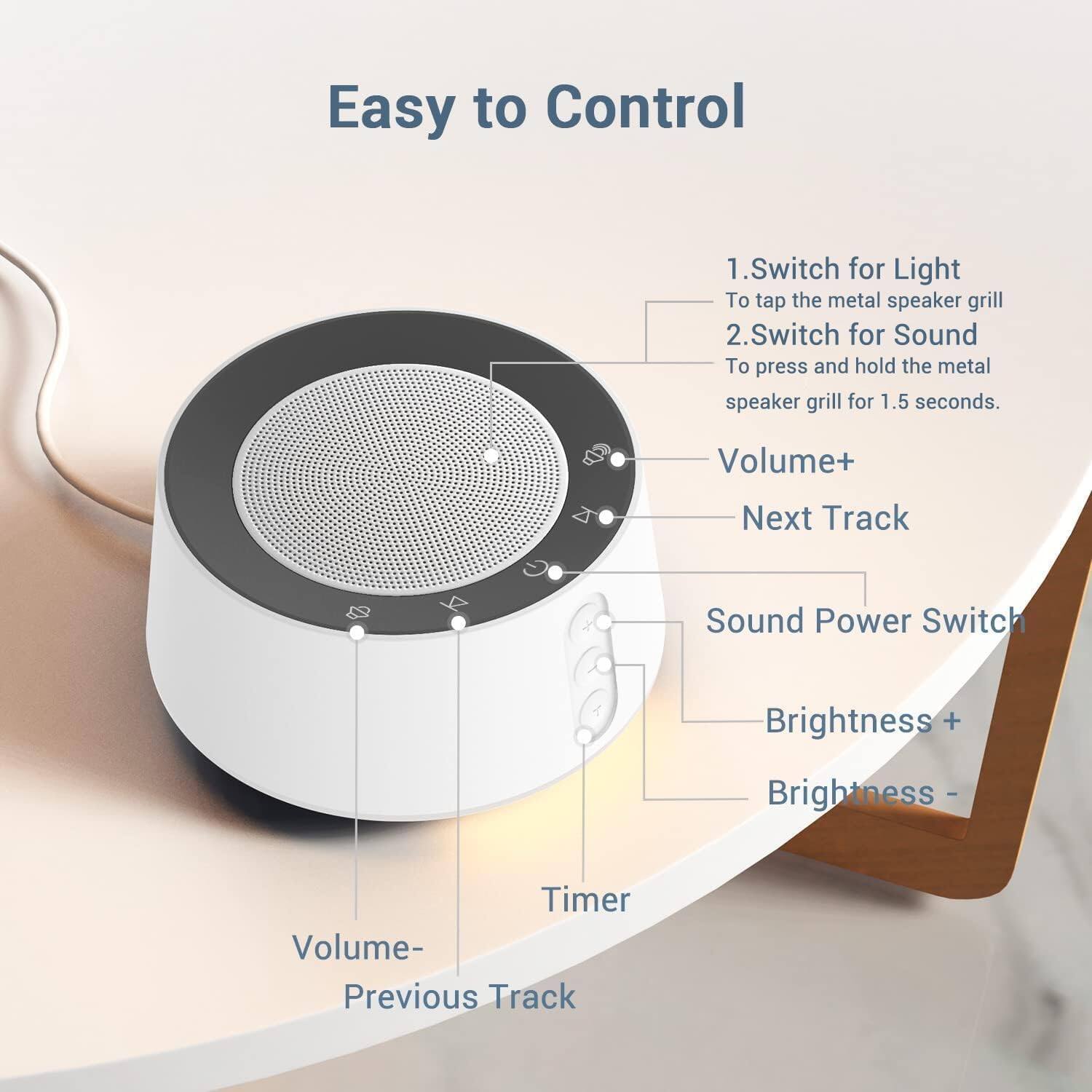 Easy to Control

1. Switch for Light
   - To tap the metal speaker grill

2. Switch for Sound
   - To press and hold the metal speaker grill for 1.5 seconds.

- Volume+
- Next Track
- Sound Power Switch
- Brightness +
- Brightness -
- Timer
- Volume-
- Previous Track