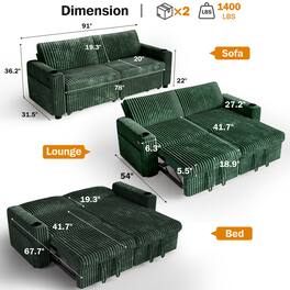 Dyonery - 91" Sectional Sleeper Sofa, Pull-out bed with reclining backrest, USB port, cup holder. Tool-free assembly,Green - Green