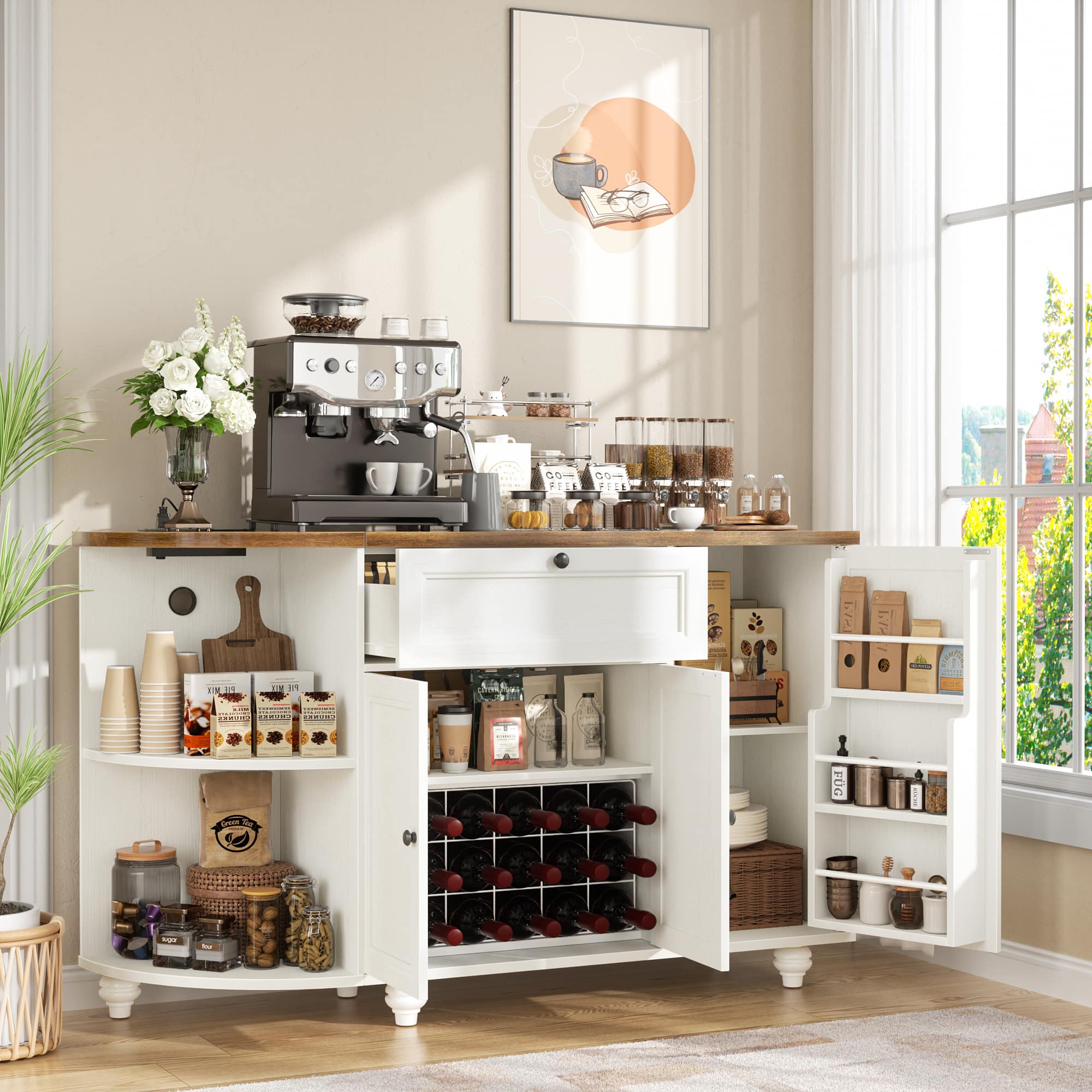 Aheaplus - 55"Wooden Sideboard Cabinet with Power Outlets, Coffee Bar, Wine Rack & Solid Wood Legs - White and Rustic Brown