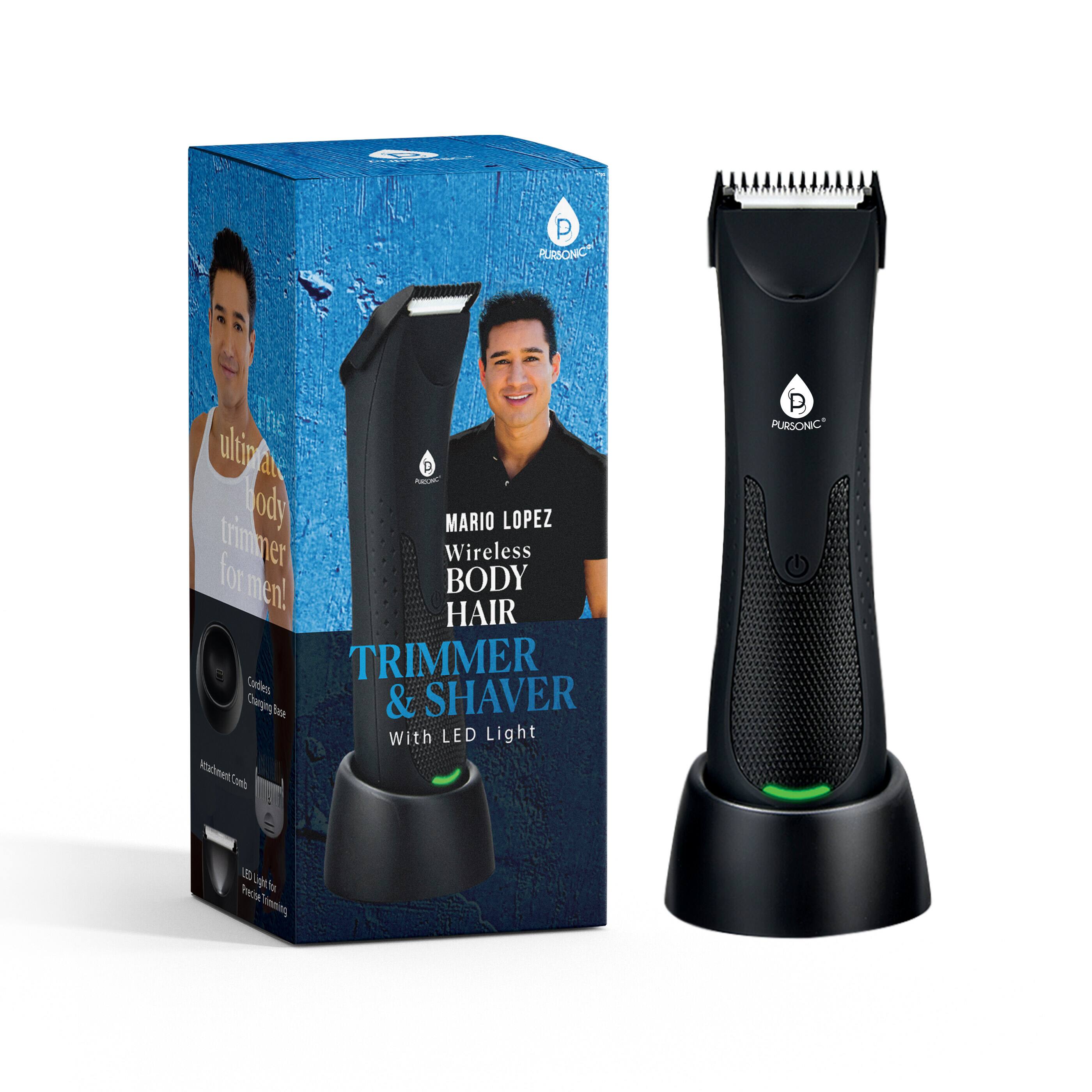 Wireless BODY HAIR TRIMMER & SHAVER With LED Light, E PUISONIC ultima - P body MARIO LOPEZ trimmer, Charging Base, Attachment Comb, Precise Trimming