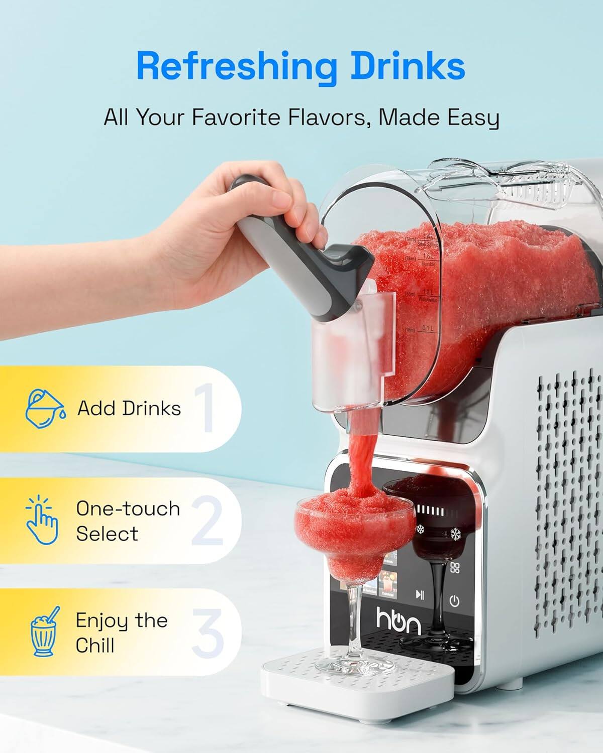 Refreshing Drinks  
All Your Favorite Flavors, Made Easy

1. Add Drinks  
2. One-touch Select  
3. Enjoy the Chill