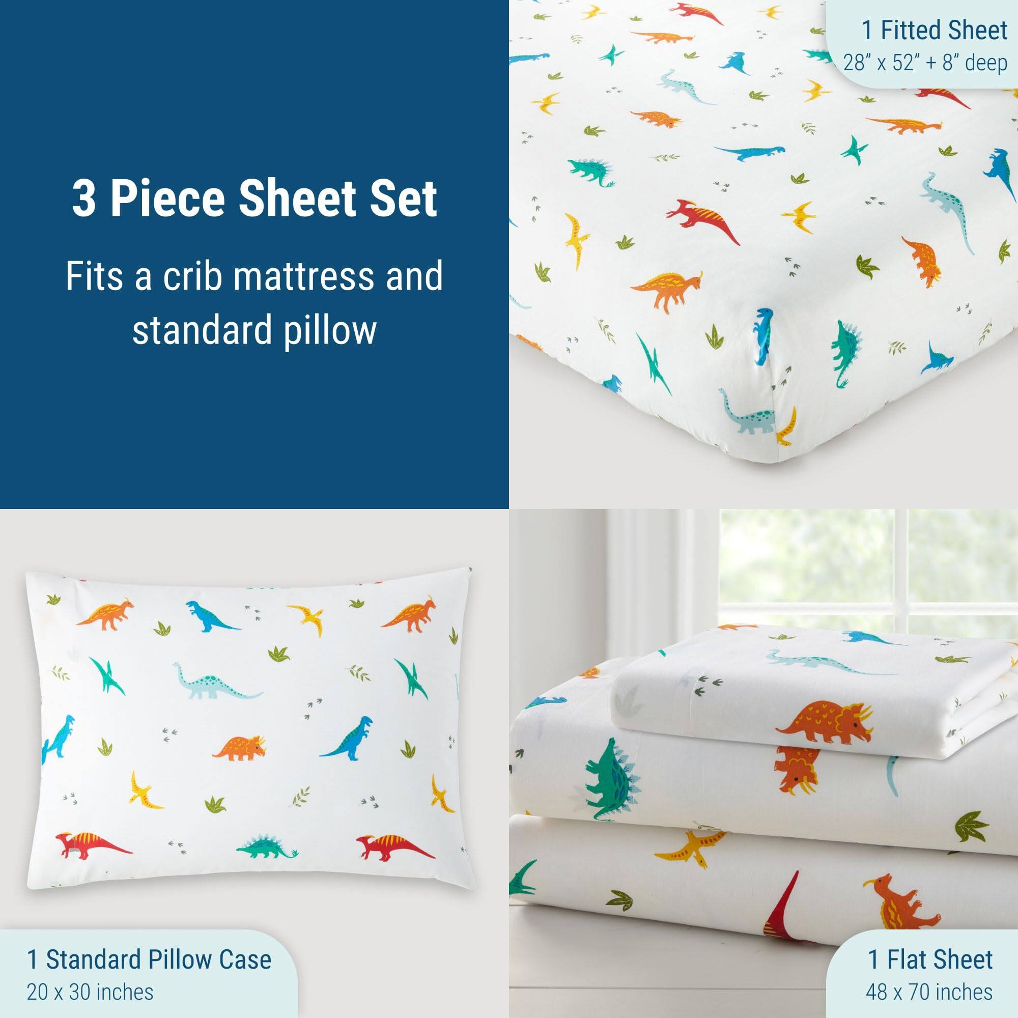 3 Piece Sheet Set  
Fits a crib mattress and standard pillow  

1 Fitted Sheet  
28" x 52" + 8" deep  

1 Standard Pillow Case  
20" x 30 inches  

1 Flat Sheet  
48" x 70 inches