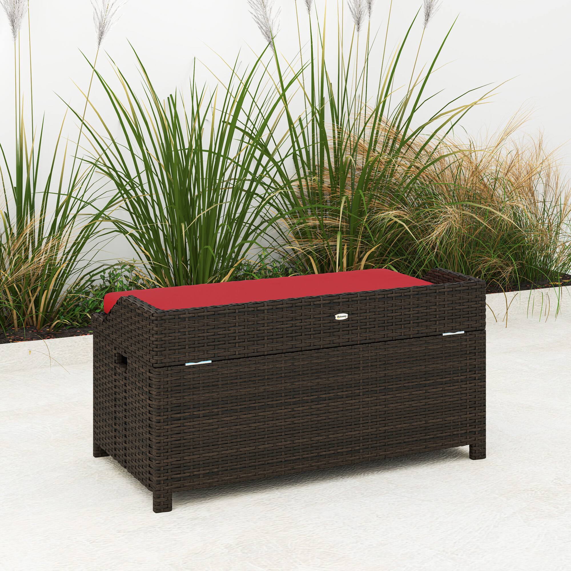 Alt View 7. Outsunny - 34 Gallon Outdoor Wicker Storage Bench Deck Box, PE Rattan Patio Furniture Pool Storage Bin Container - Red.