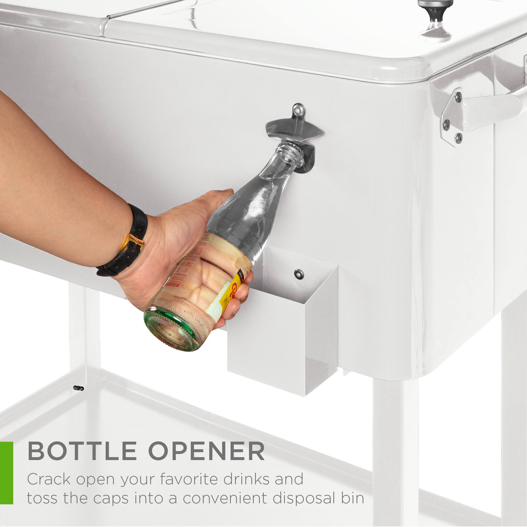 BOTTLE OPENER  
Crack open your favorite drinks and toss the caps into a convenient disposal bin