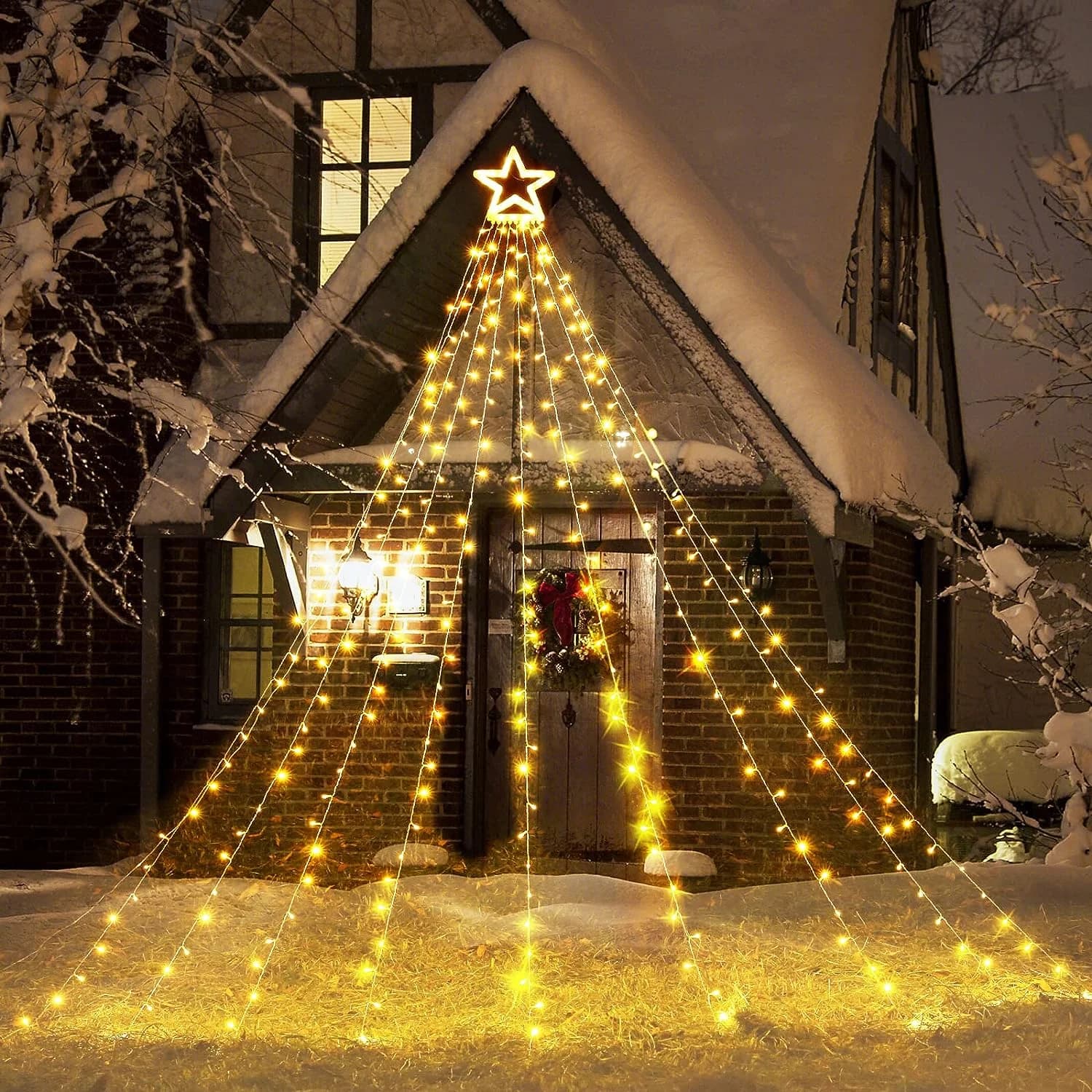 MOVSSOU - Christmas Lights Outdoor Star Waterfall Tree Lights 10ft 344ct - Yellow