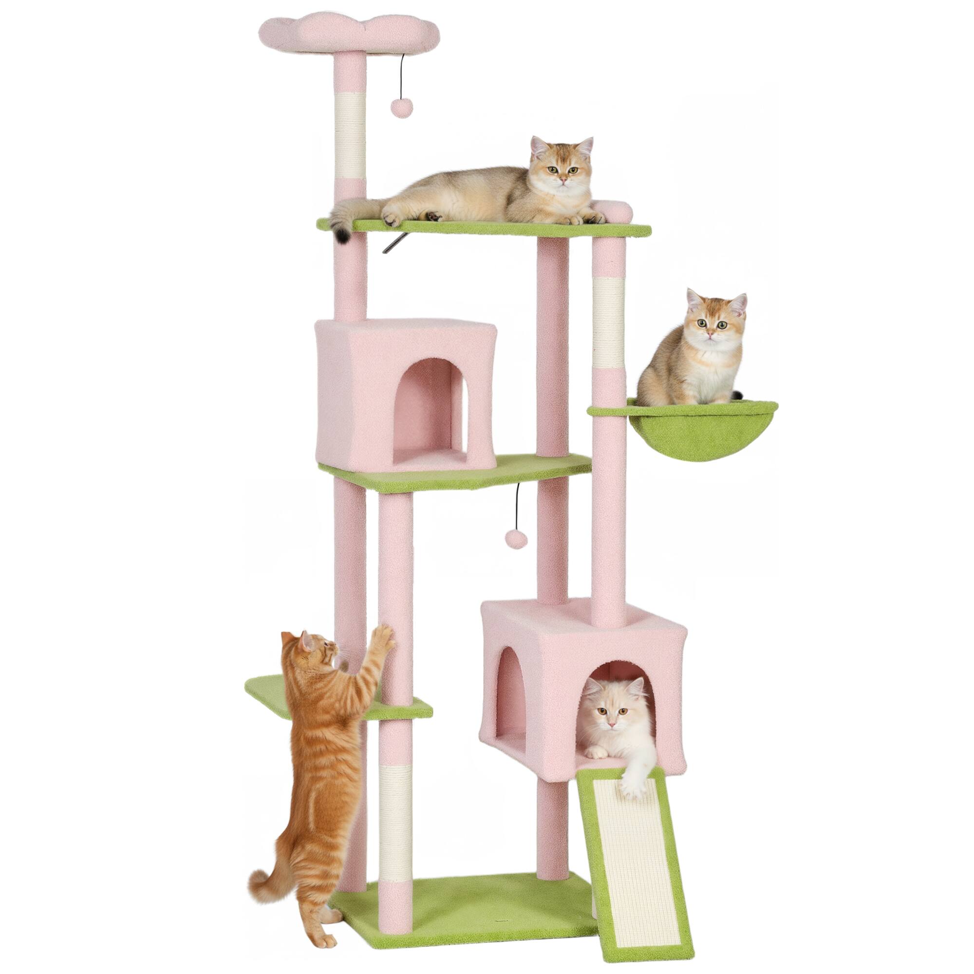 Front. Pawhut - Flower Cat Tree, 74" Large Cat Tower with Metal Frame Hammock, Scratcher Ramp, 3 Scratching Posts, 2 Condos, Perches - Pink.