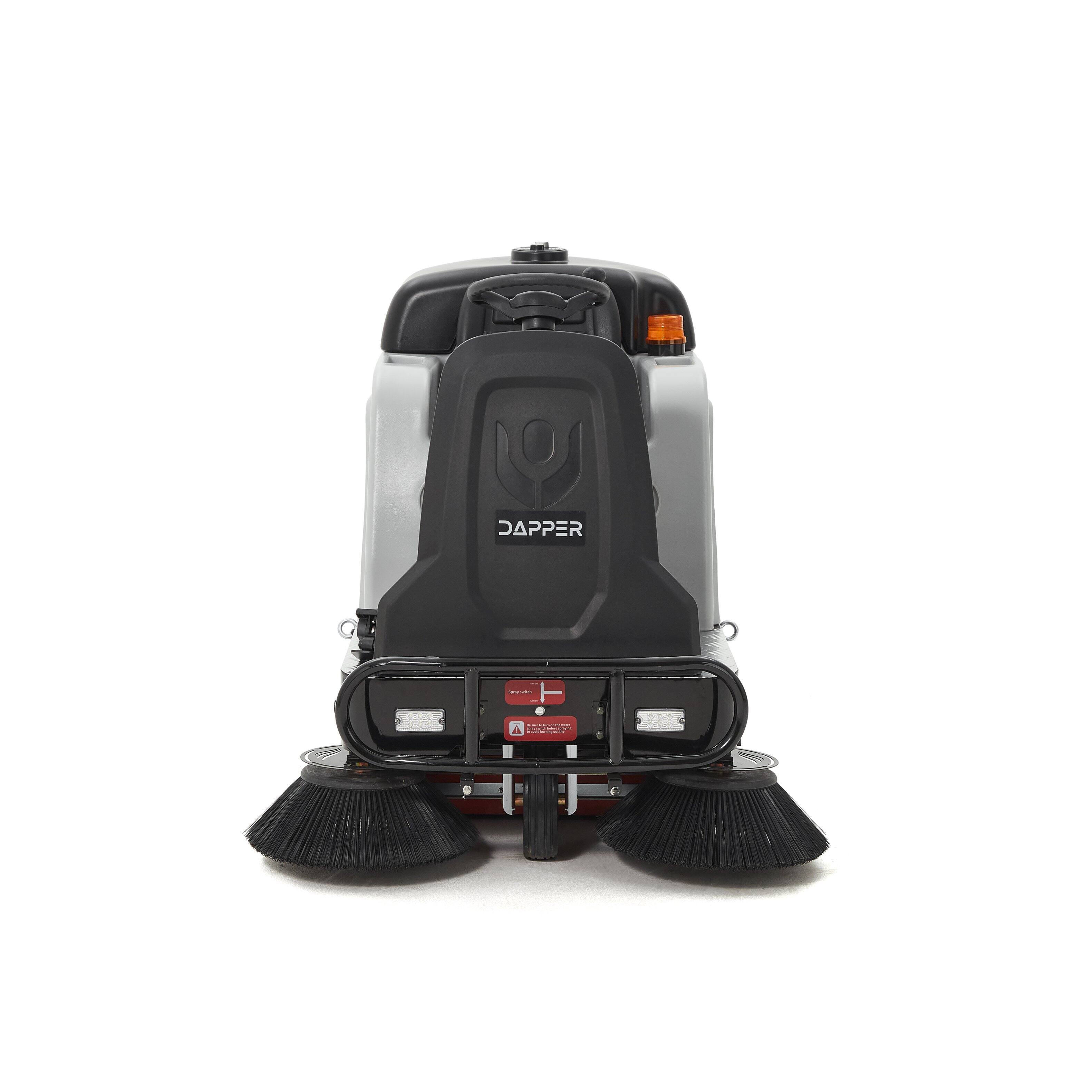 Angle. Dapper Supply - Ride-On Floor Sweeper, 49" Brush, 25-Gal Dustbin, 3-Hr Runtime for Warehouses & Large Facilities - Grey.