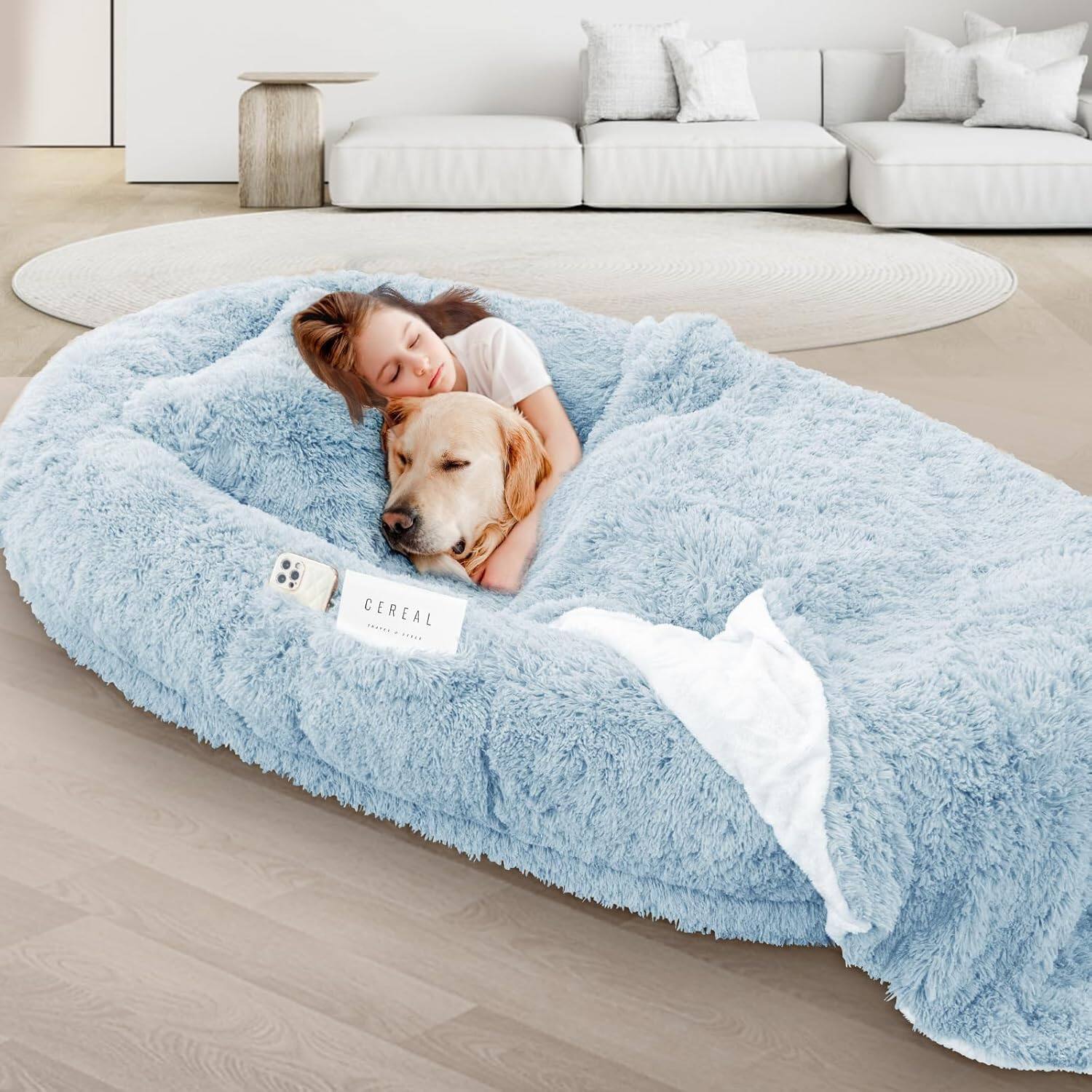LOVMOR - Oversize Human Dog Bed Memory Foam Bed with Plump Pillow and Blanket - Blue