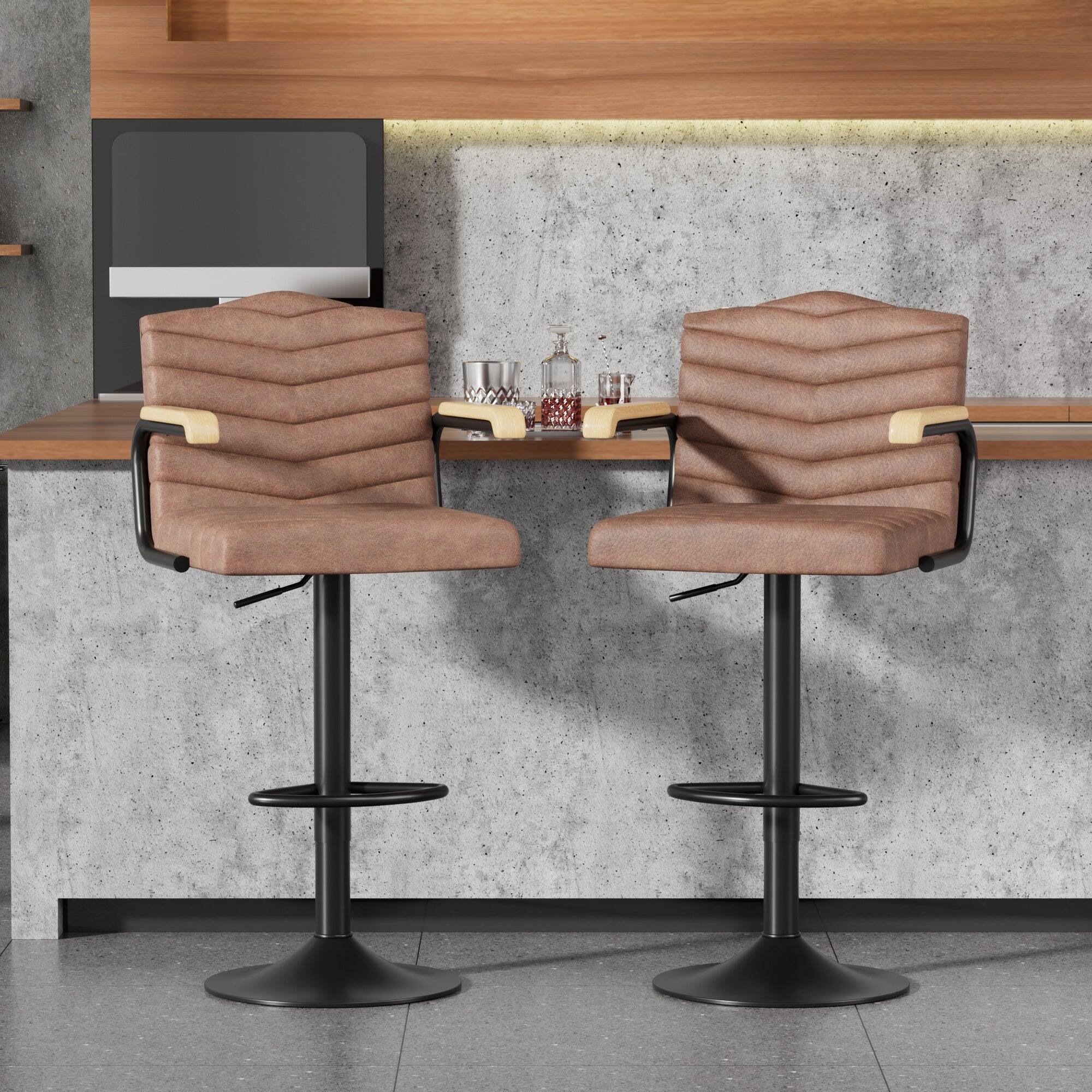 Alt View 1. Vecelo - Set of 4 PU Leather Bar Stool with Adjustable Height - Brown Swivel Bar Stool with Footrest - Brown.