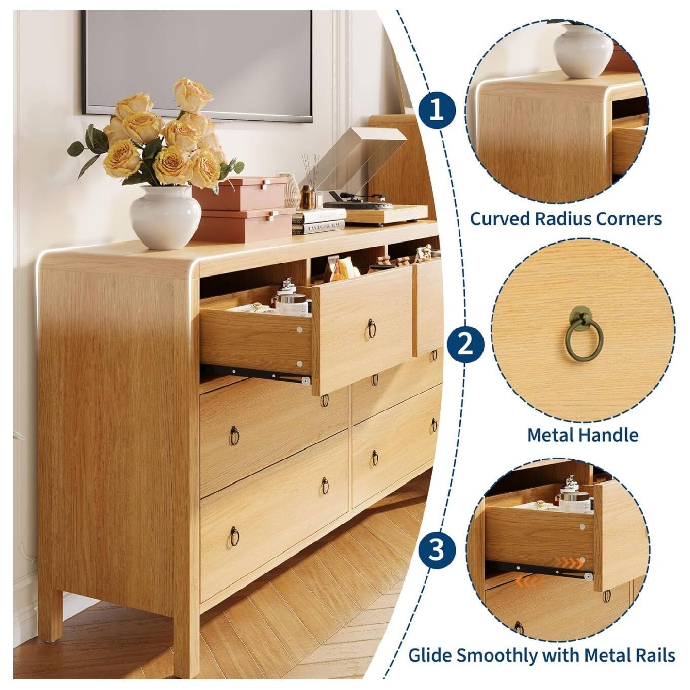 1. Curved Radius Corners  
2. Metal Handle  
3. Glide Smoothly with Metal Rails