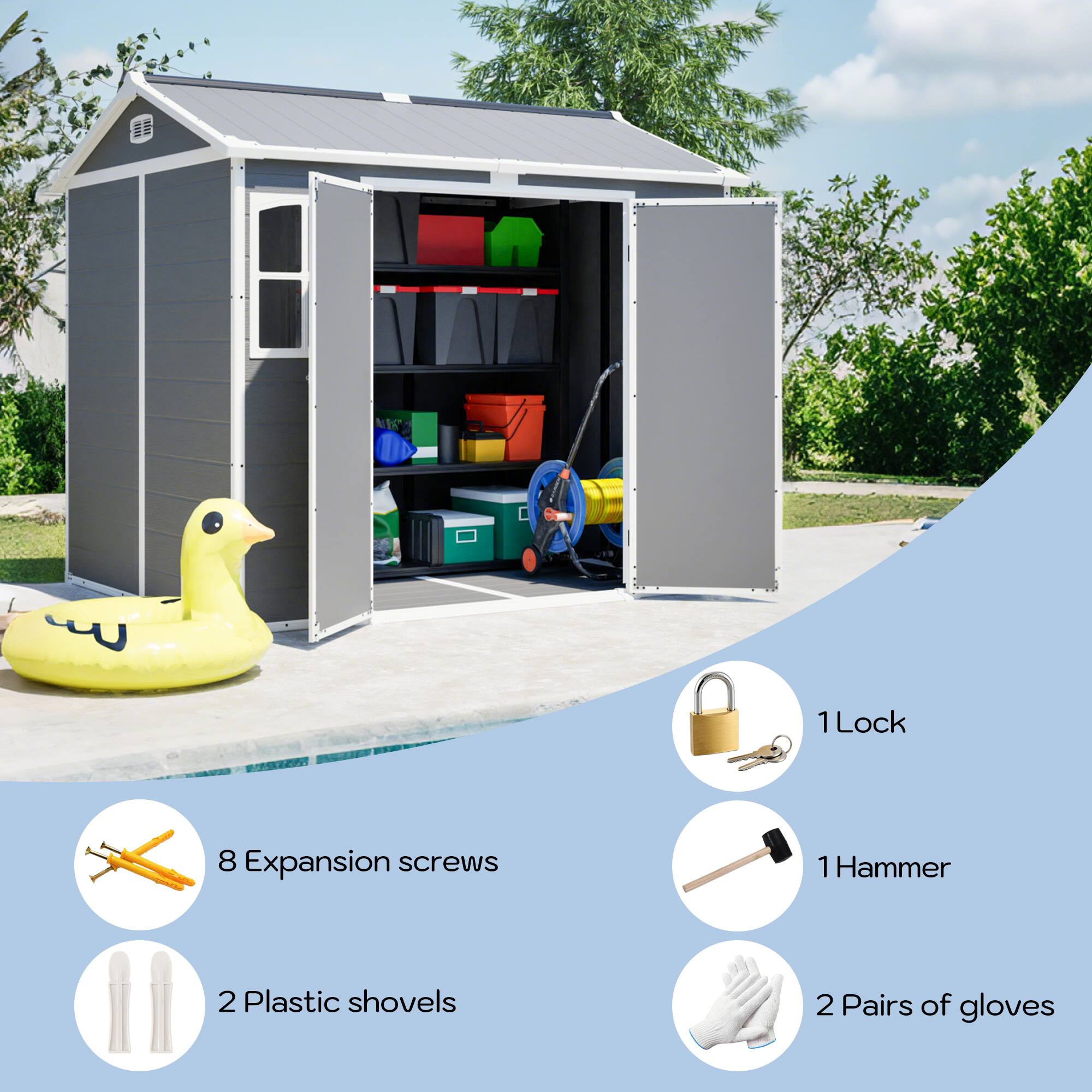 NISS 1 Lock 8 Expansion screws 1 Hammer 2 Plastic shovels 2 Pairs of gloves