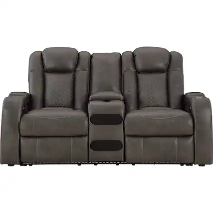 Front. Ashly - Axil Dual Power Reclining Loveseat with Audio Console - Shadow - Shadow.