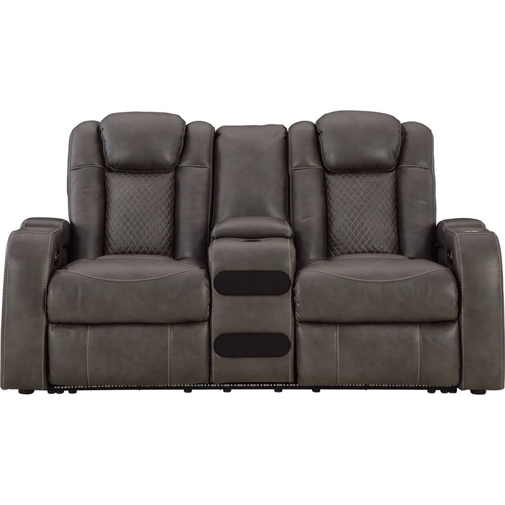 Front. Ashly - Axil Dual Power Reclining Loveseat with Audio Console - Shadow - Shadow.