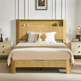 GOODSILO - Full XL Storage Bed Frame with Charging Station Headboard and Wavy Curved Design in Walnut Finish - Natural