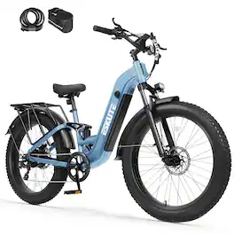 Eskute - 26" Step-Thru Fat Tire Electric Bike, 1500W Peak Motor, 80-Mile Range, Full Suspension, with Phone Bag & Lock - Blue